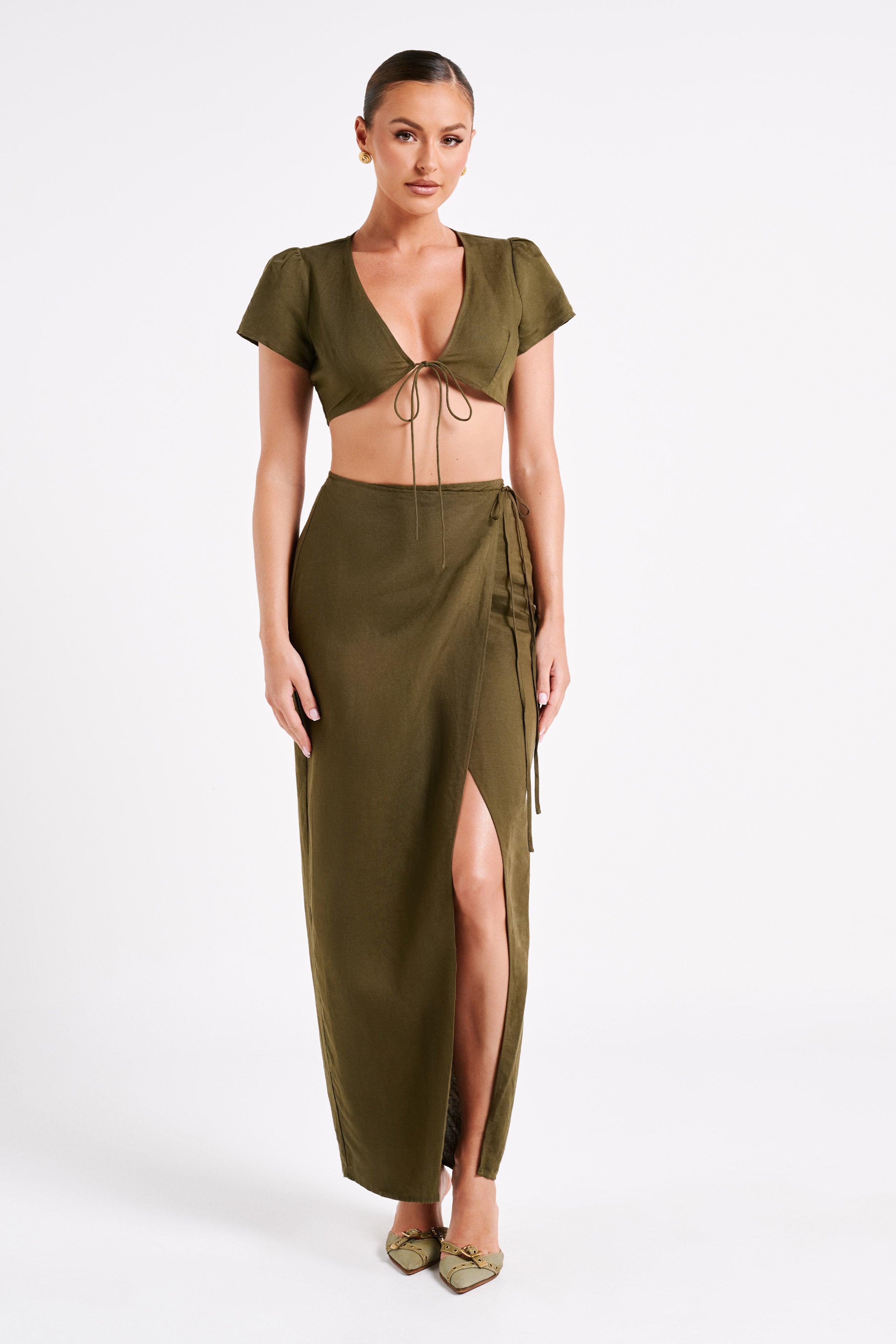 Fatima Linen Wrap Maxi Skirt - Khaki