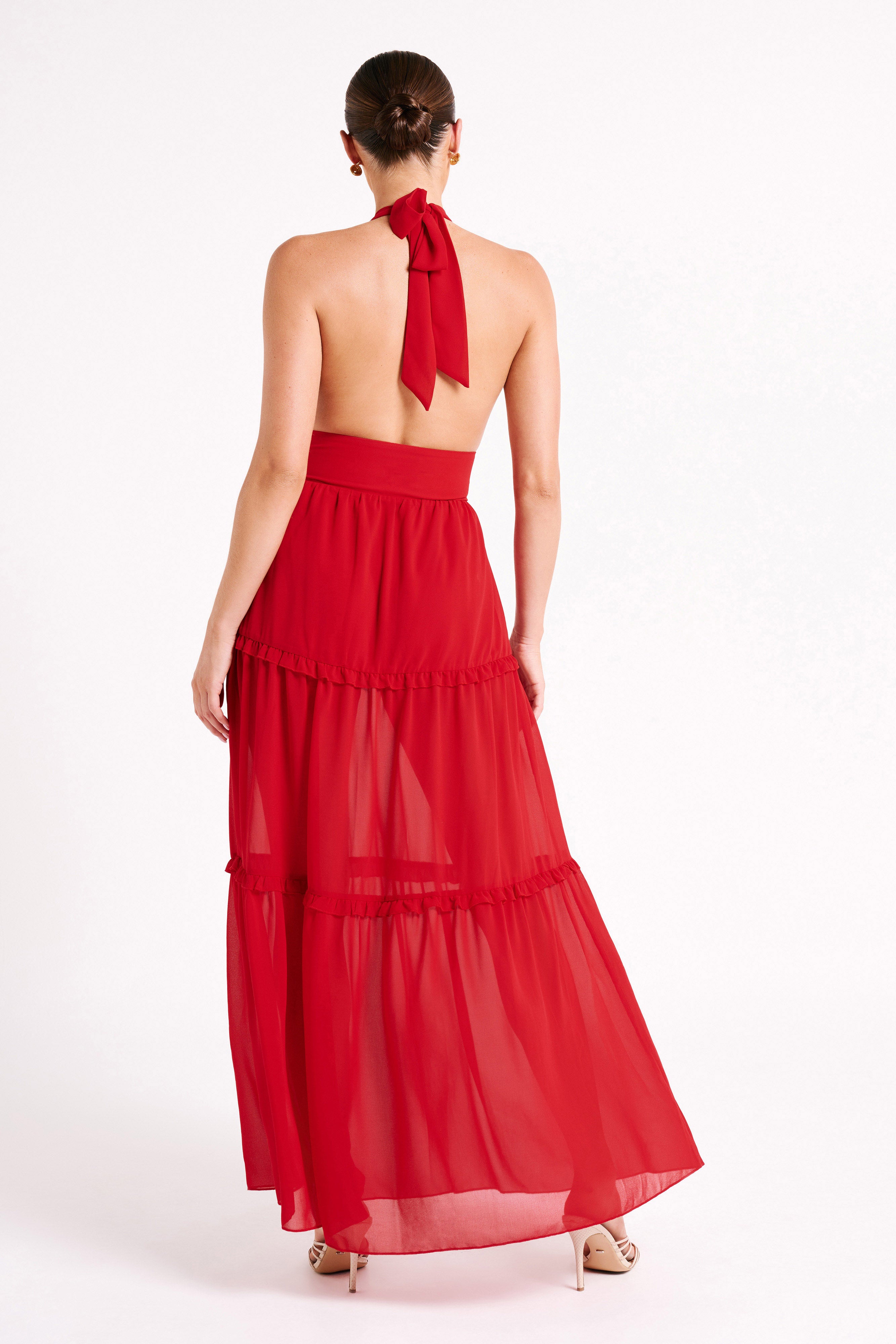 Marianna Tiered Halter Maxi Dress - Vermilion Red
