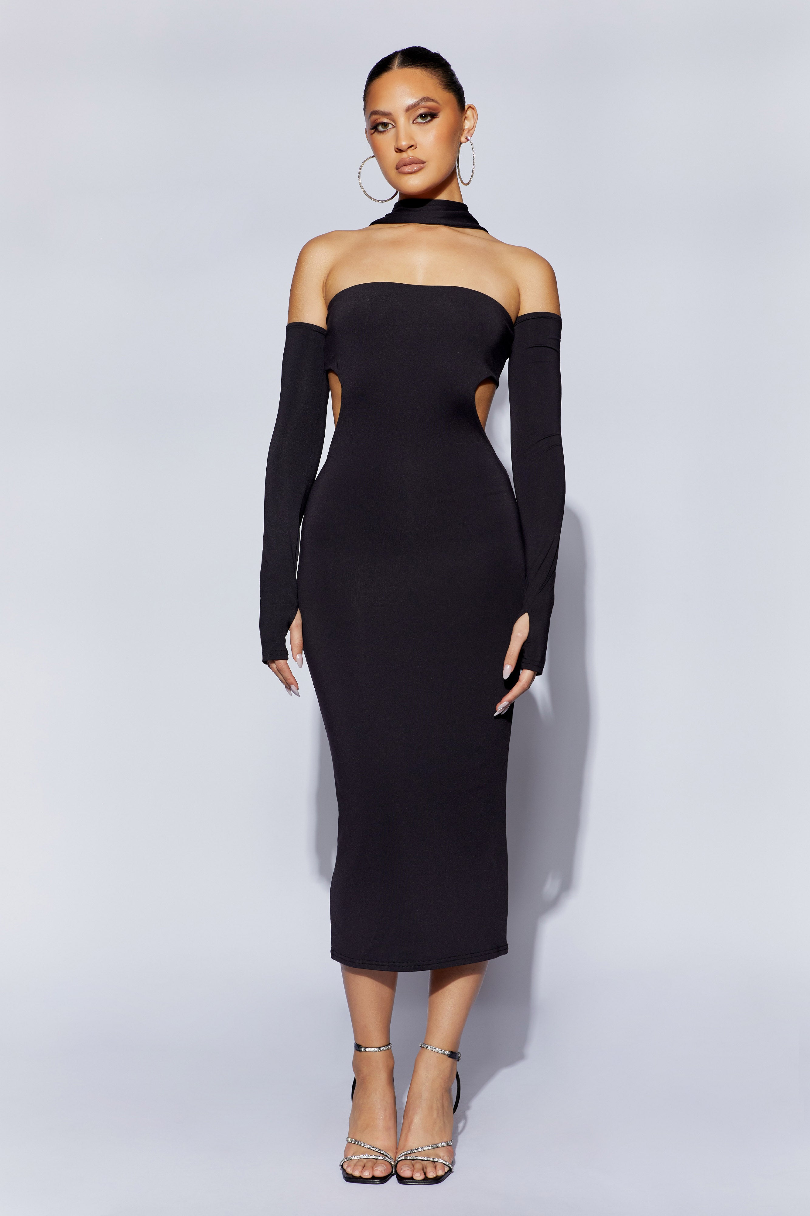 Demie Neckband Midi Dress With Fingerless Gloves - Black