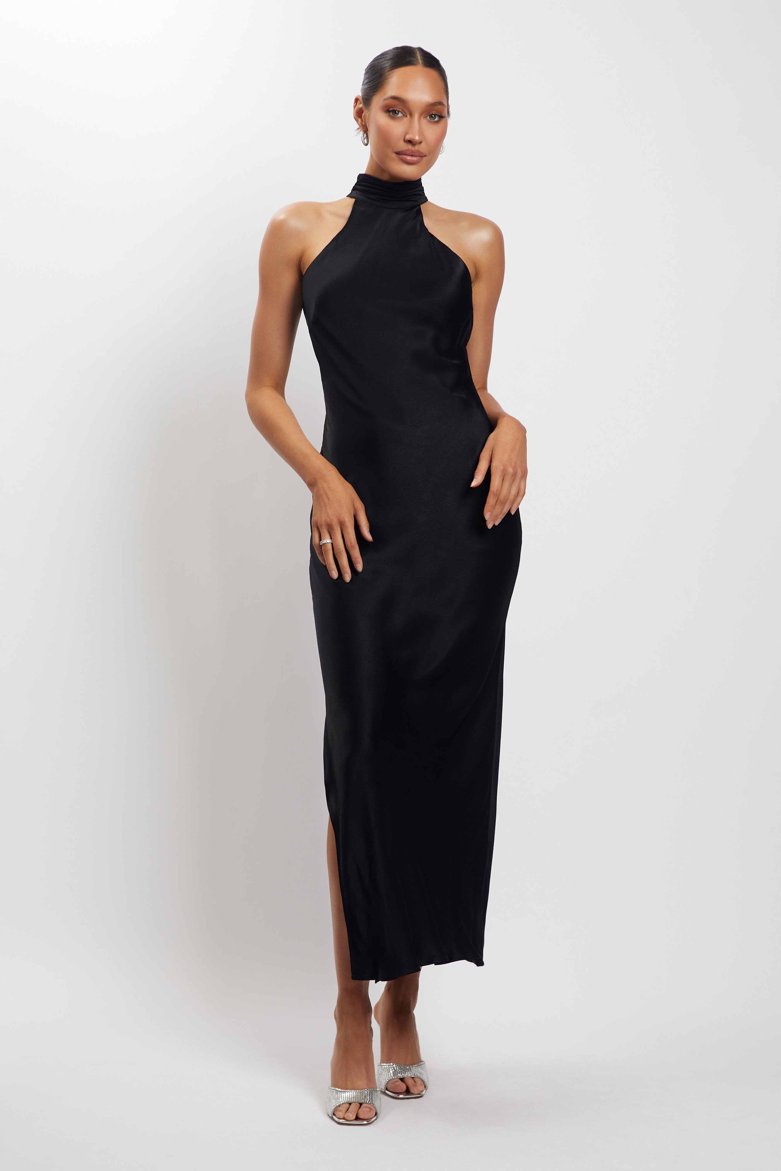Claire Satin Drape Back Maxi Dress with Split - Black