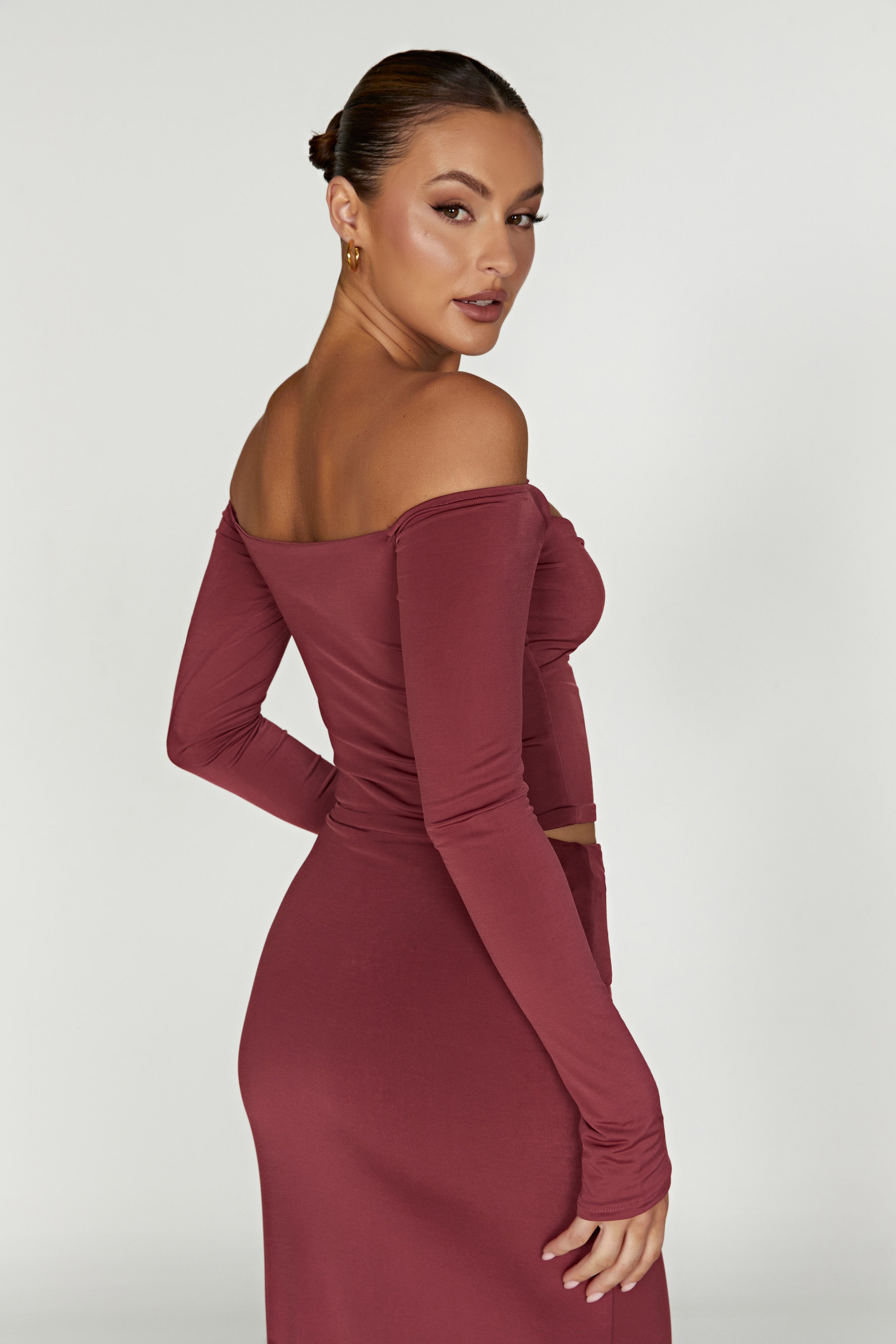 Ceri Off Shoulder Long Sleeve Top - Wine