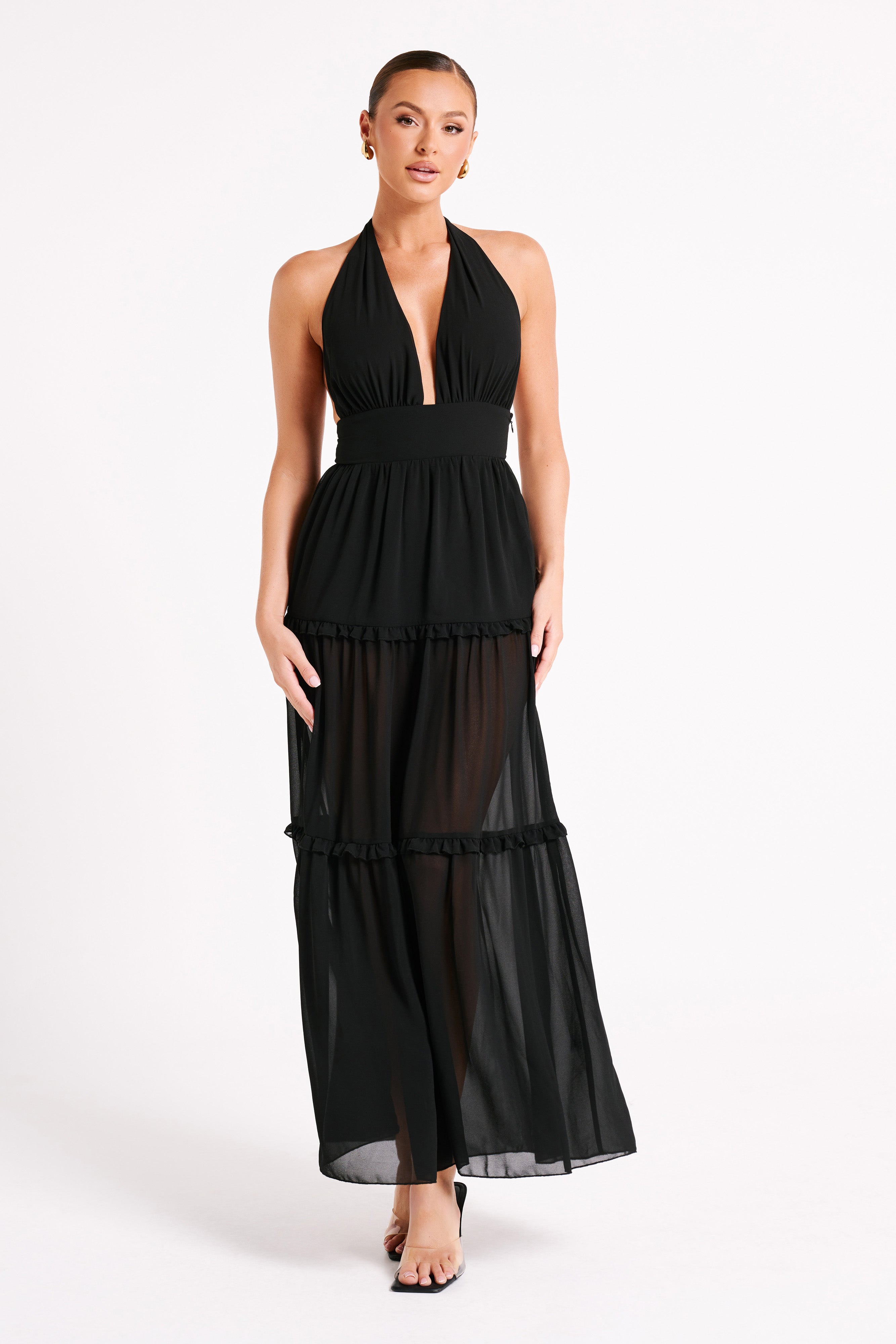 Marianna Tiered Halter Maxi Dress - Black