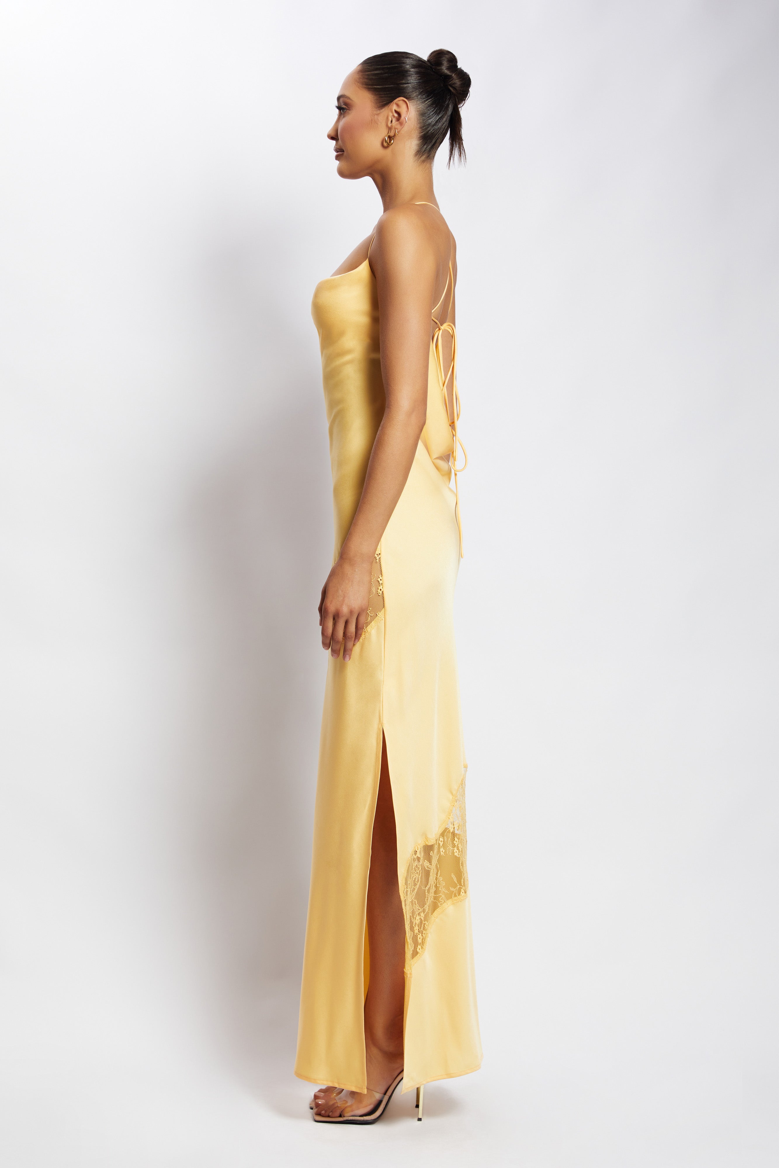 Chandra Lace Detail Satin Maxi Dress - Lemon