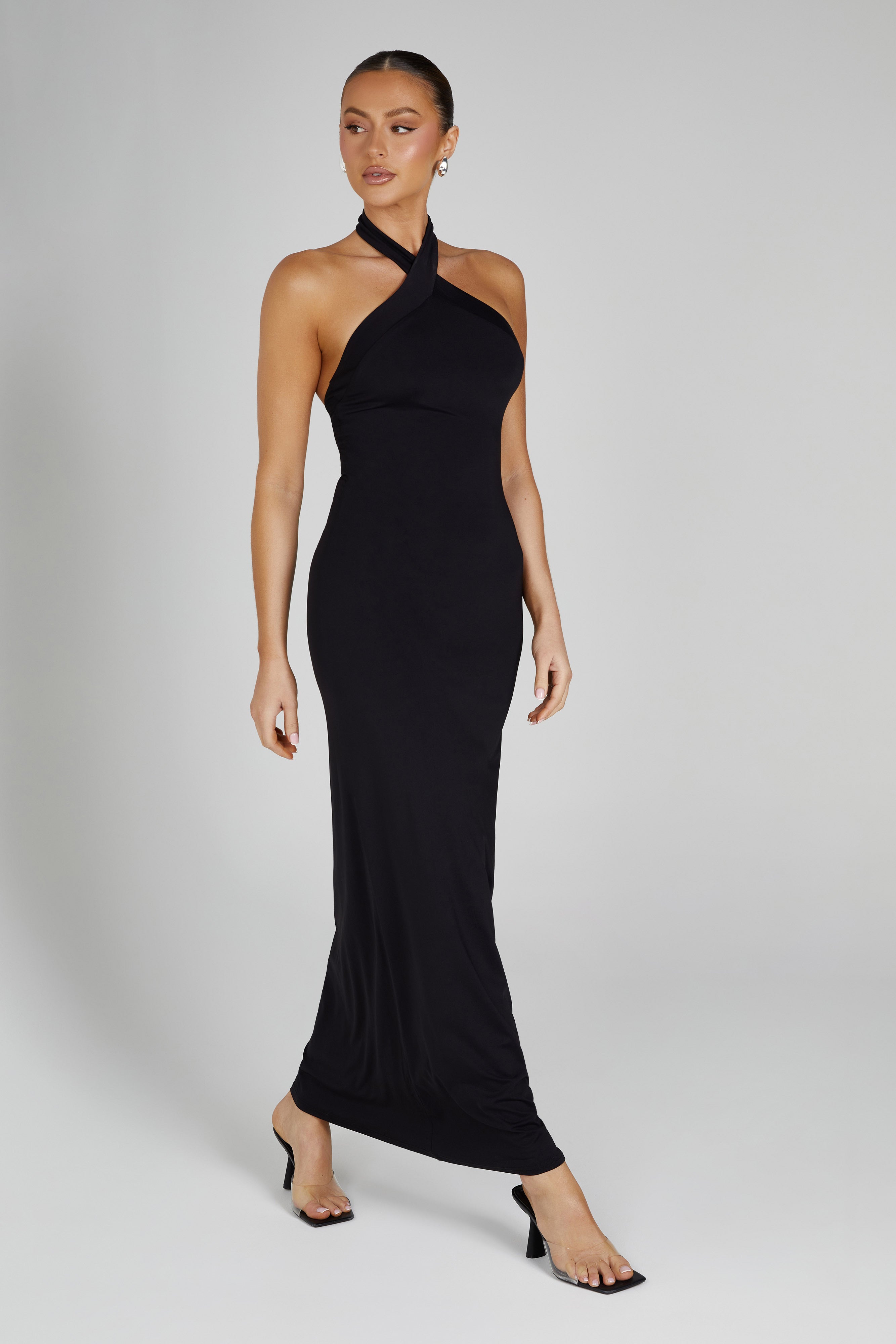 Kimberley Recycled Nylon Halter Maxi Dress - Black