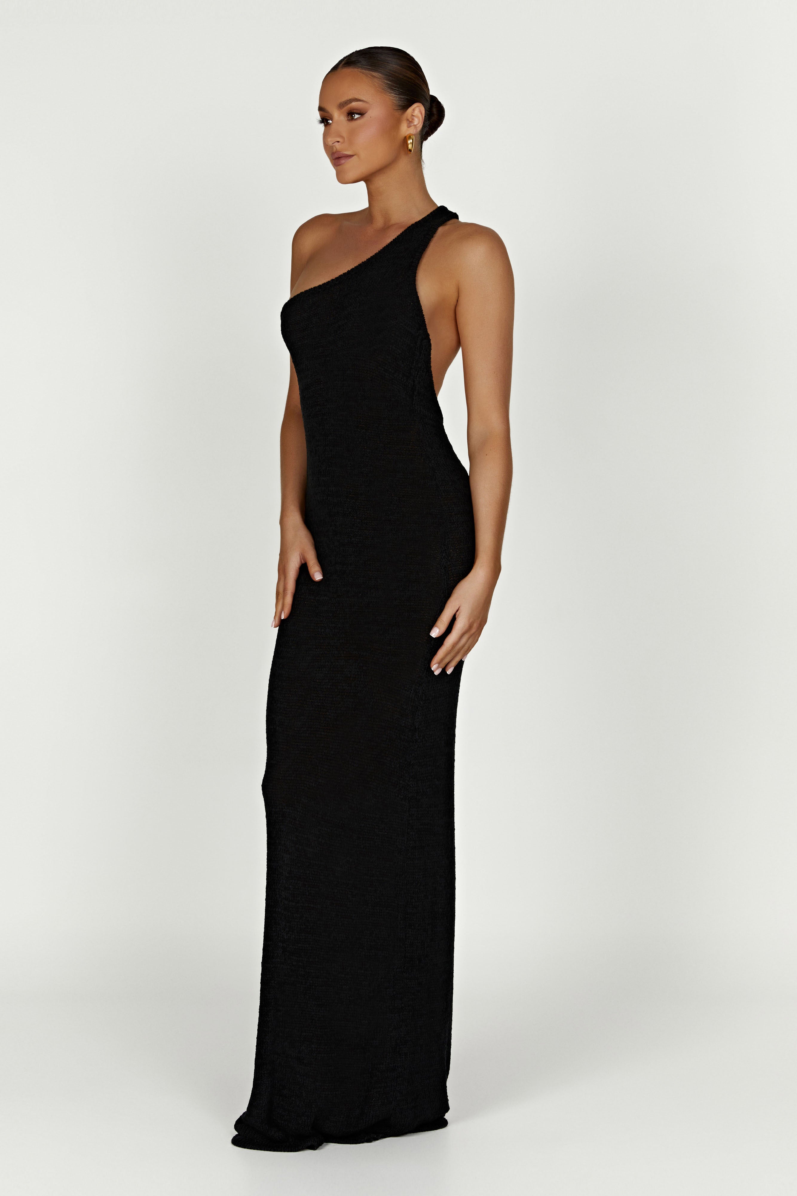 Paisley One Shoulder Knit Maxi Dress - Black
