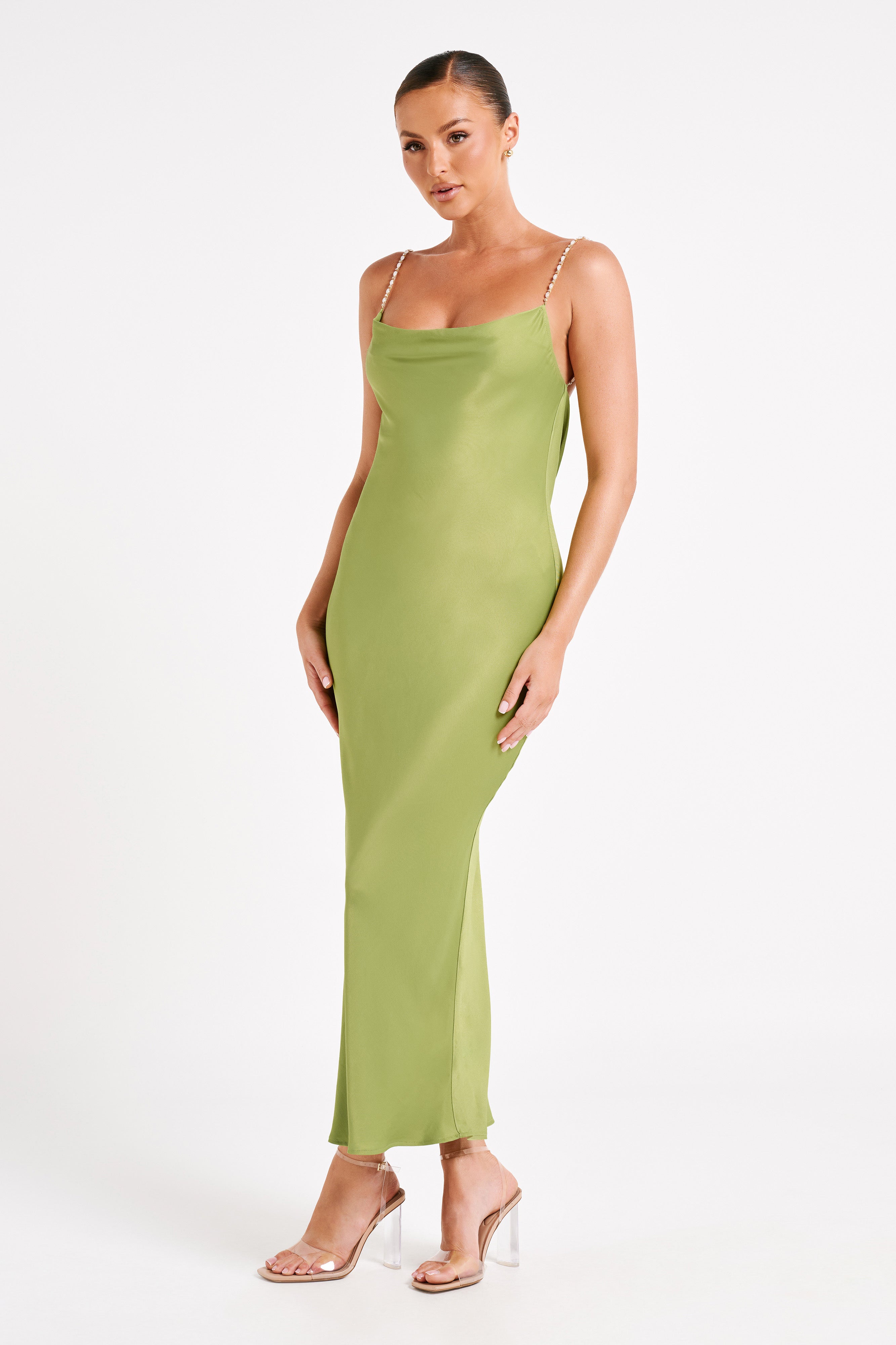 Adela Cowl Midi Dress With Pearl Trim - Parakeet Green