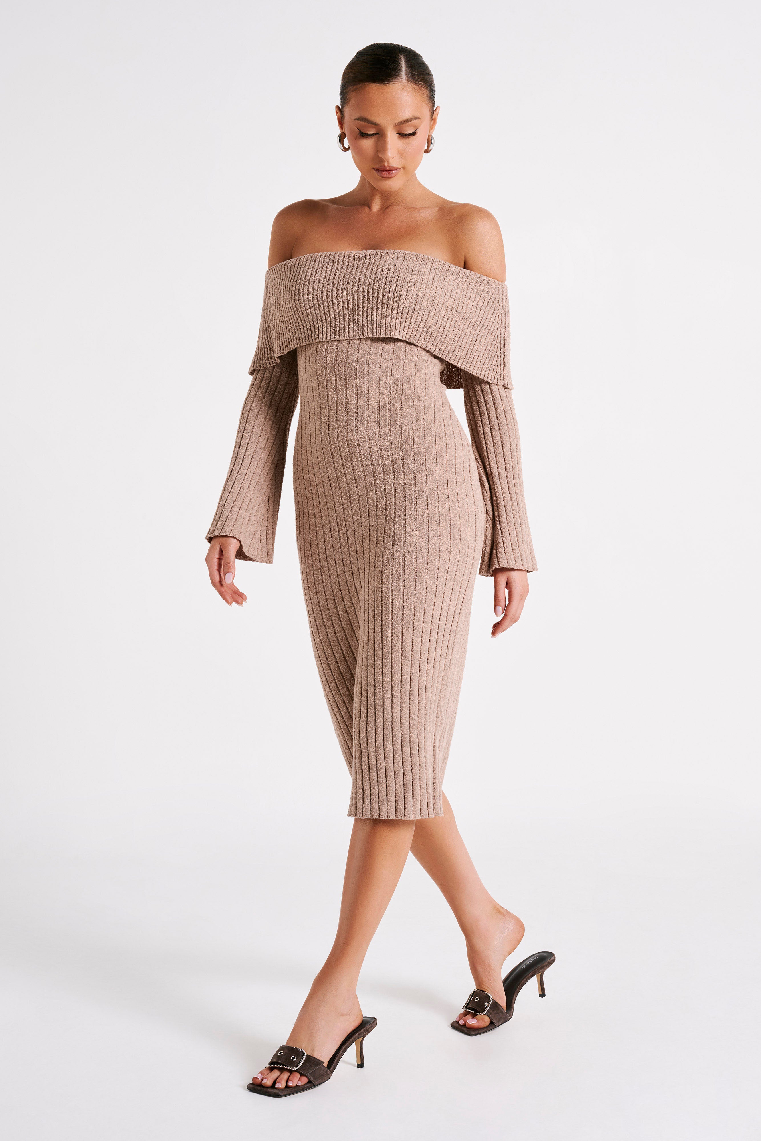 Stefania Off Shoulder Knit Dress - Taupe