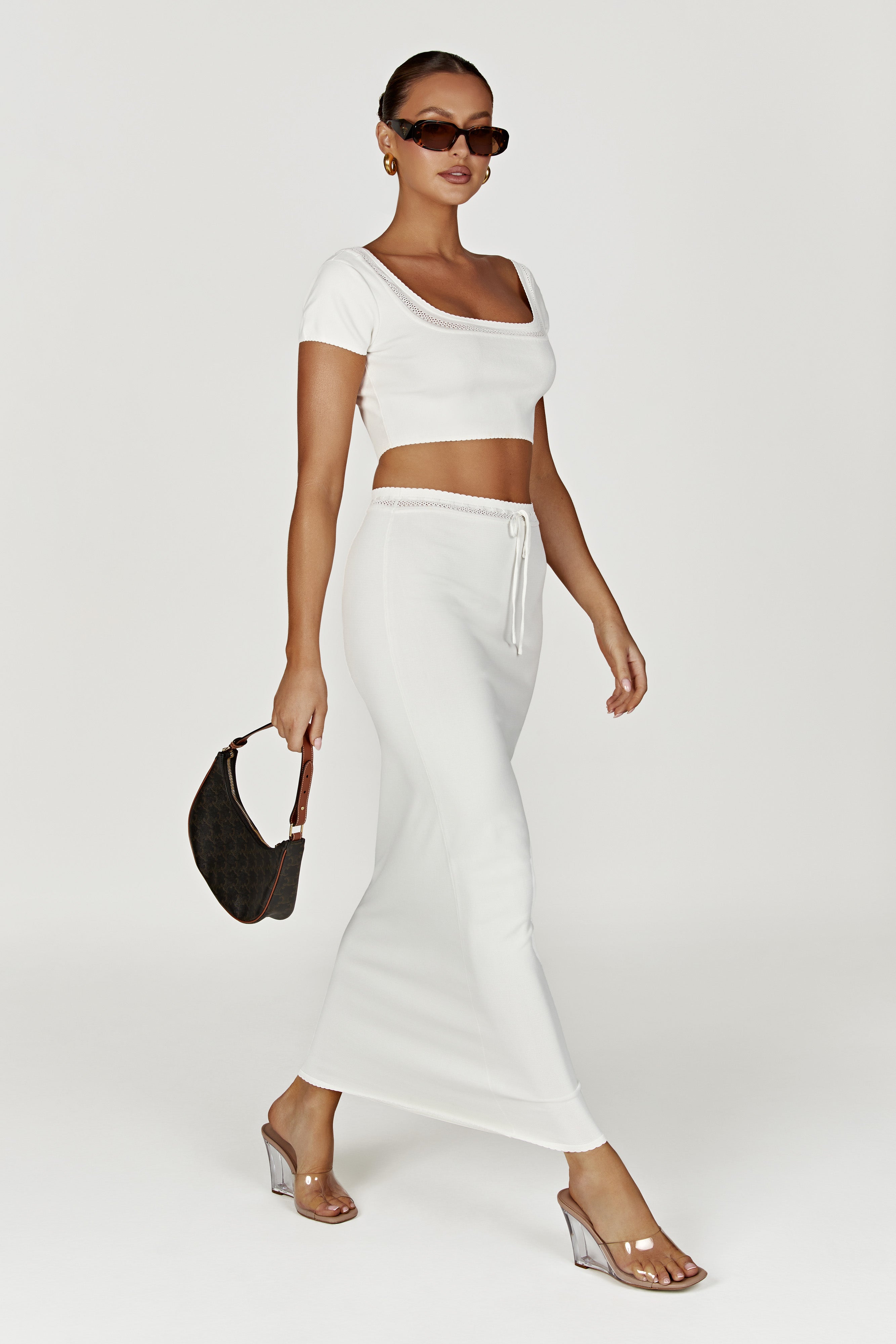 Penelope Pointelle Knit Maxi Skirt - White