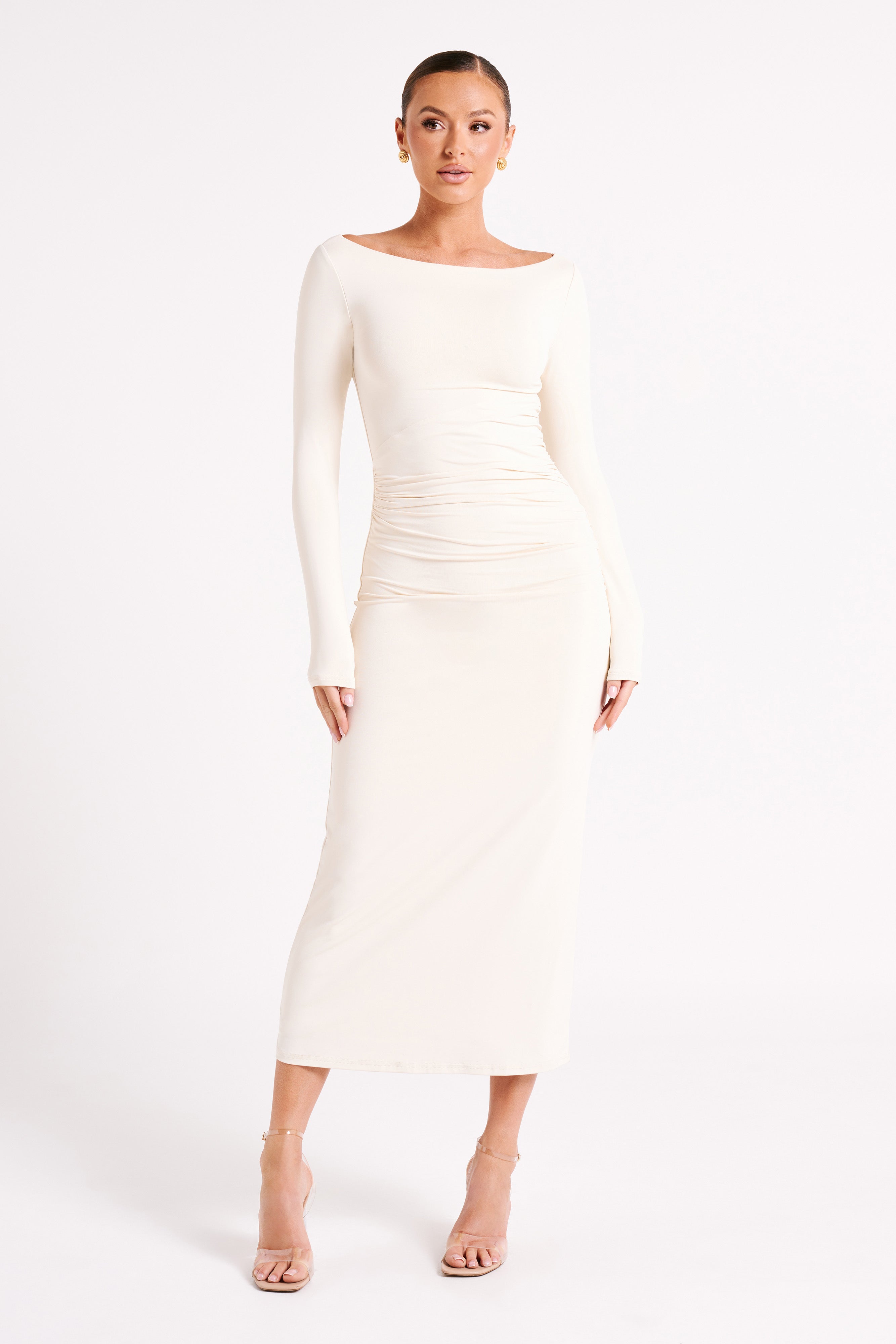 Anya Recycled Nylon Long Sleeve Midi Dress - Sand