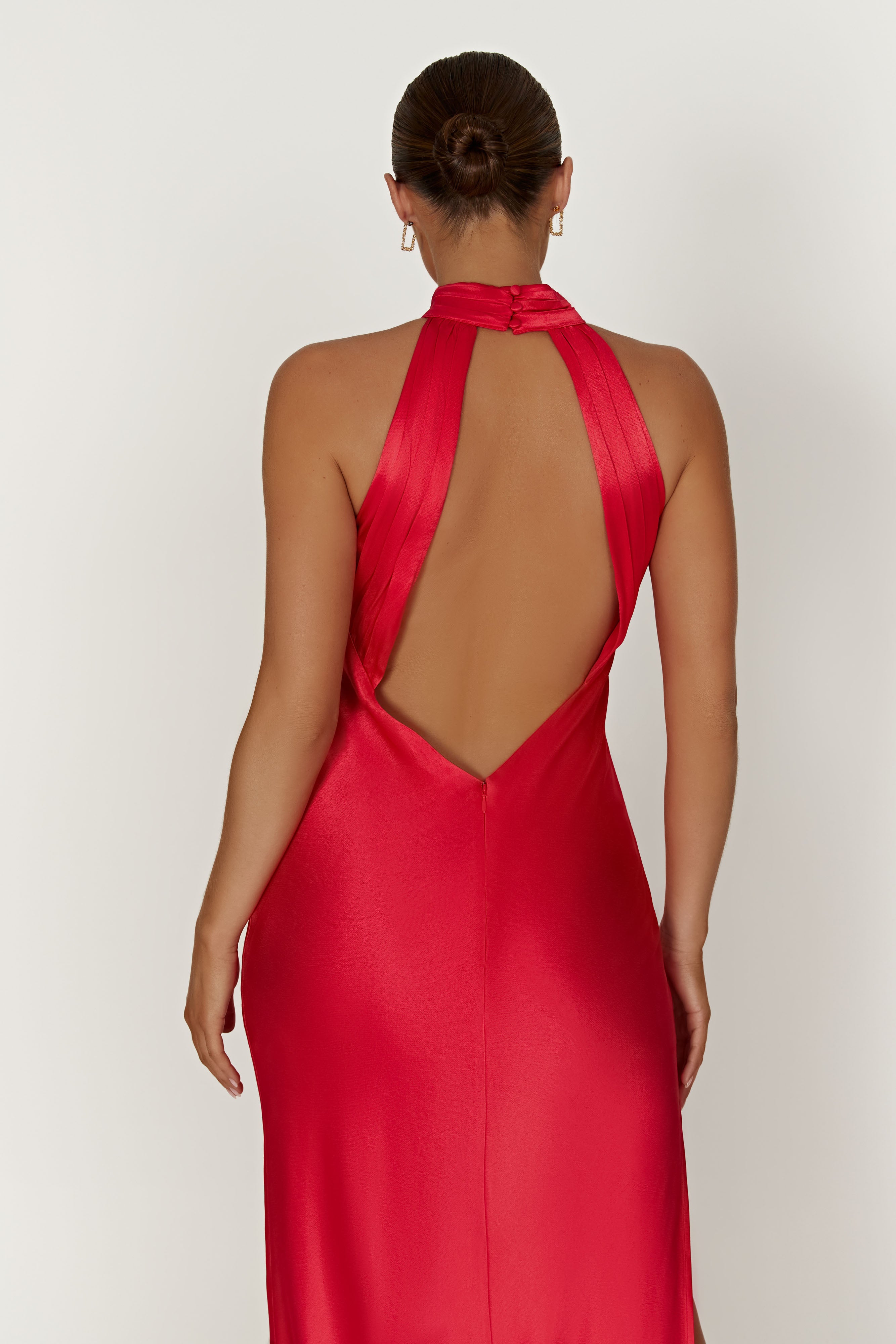 Claire Satin Drape Back Maxi Dress with Split - Red