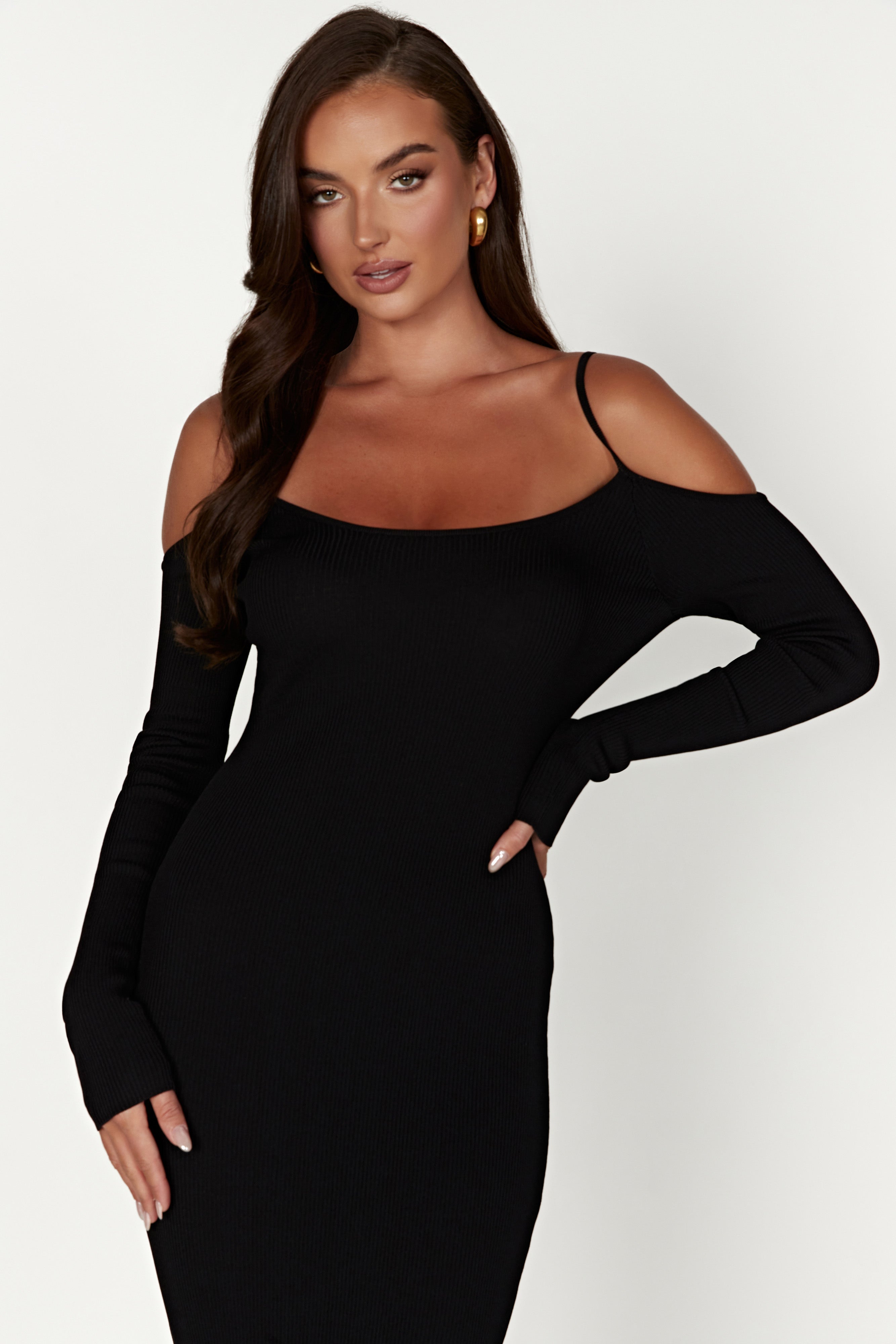 Shea Off Shoulder Knit Midi Dress - Black