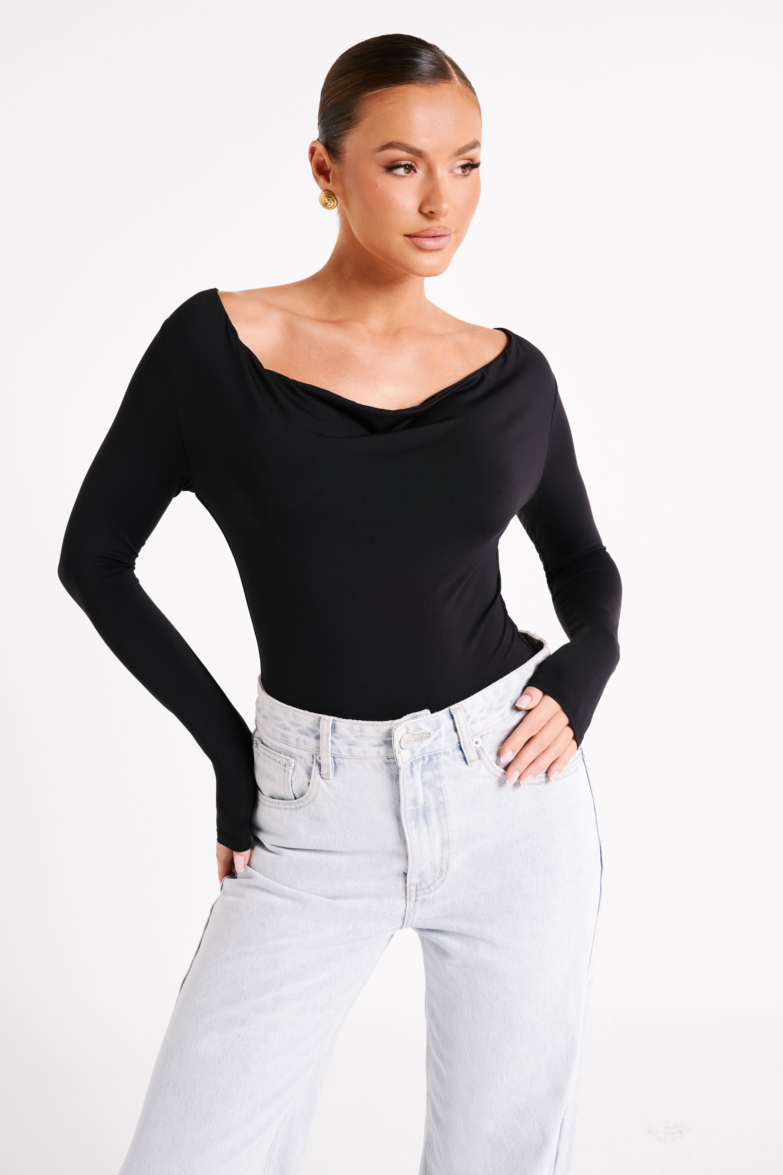 Eviana Recycled Nylon Draped Bodysuit - Black