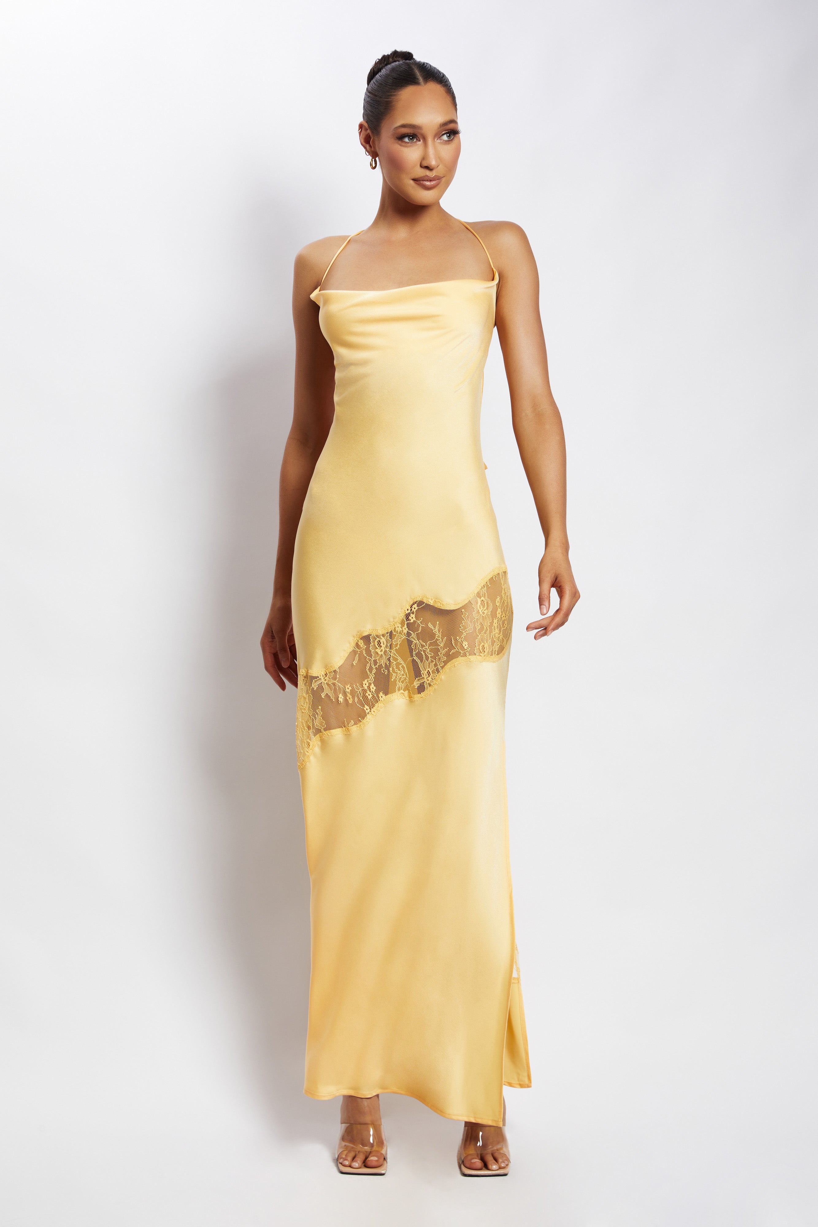 Chandra Lace Detail Satin Maxi Dress - Lemon