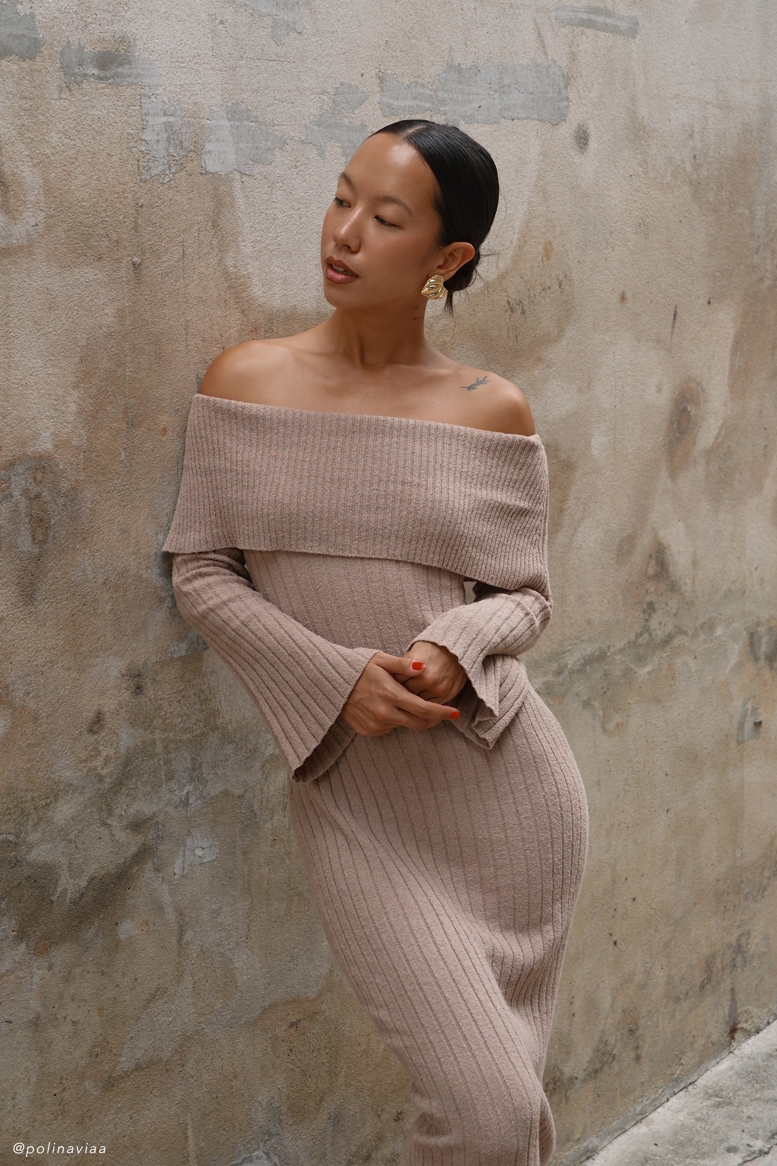 Stefania Off Shoulder Knit Dress - Taupe