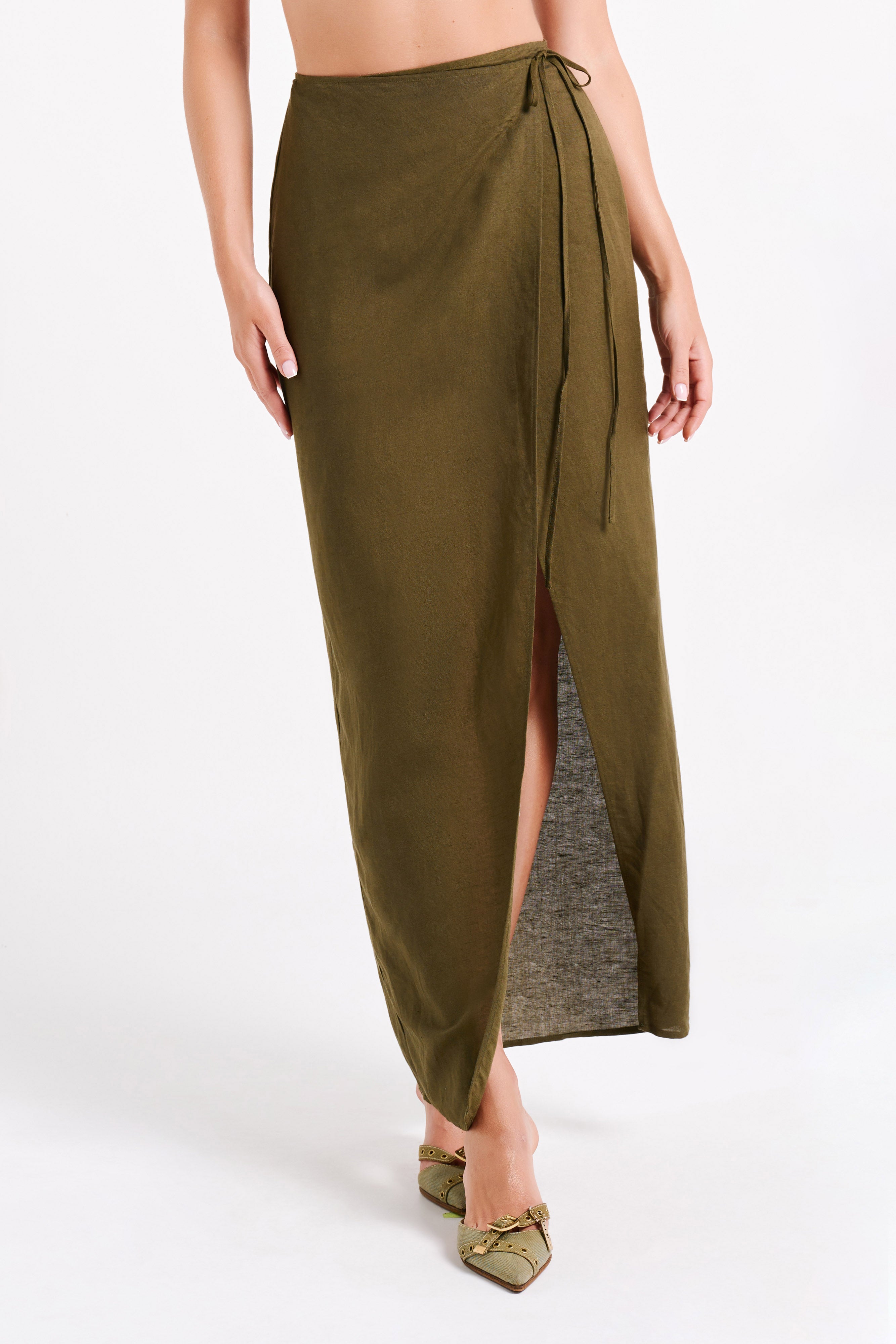Fatima Linen Wrap Maxi Skirt - Khaki