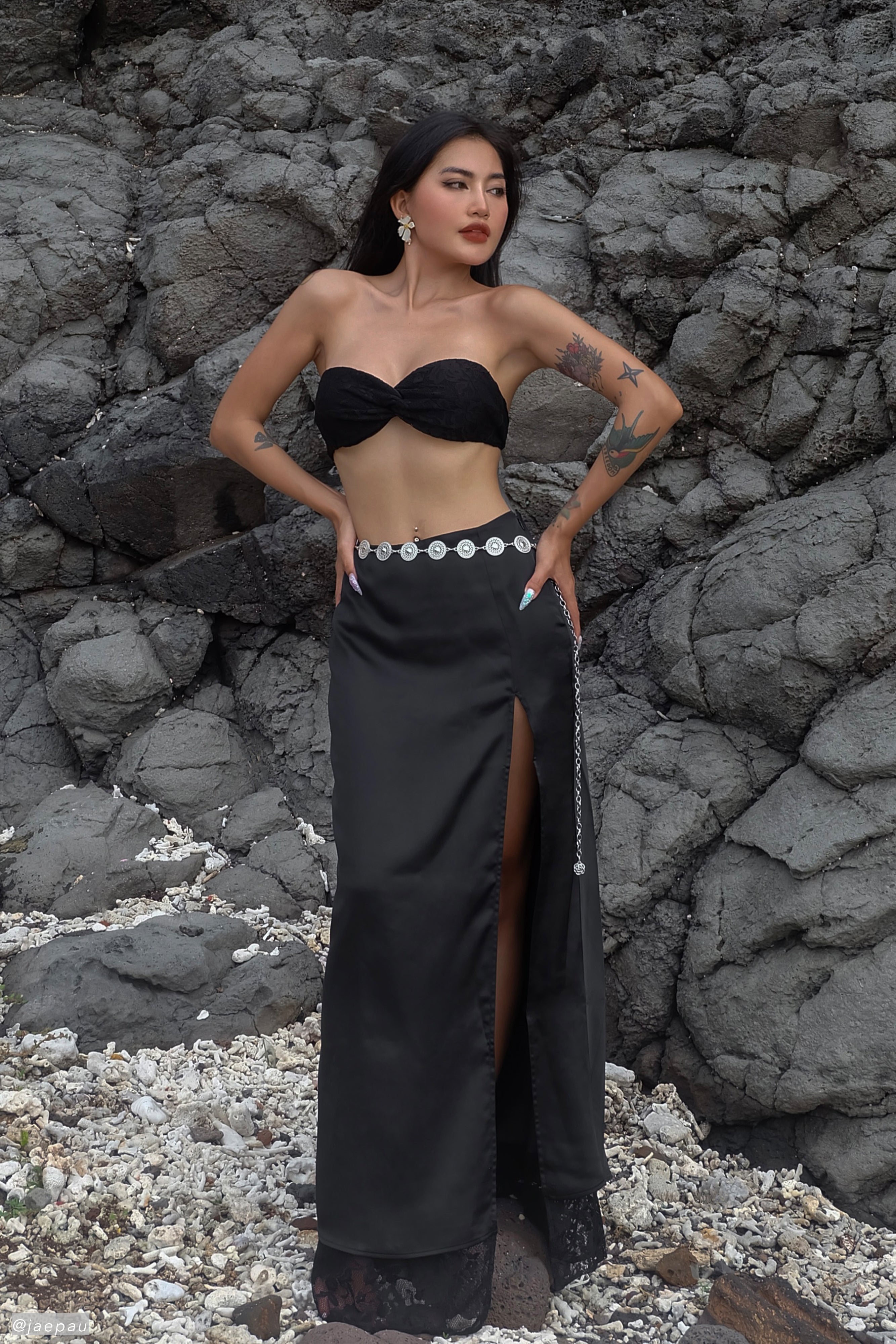 Mia Satin Lace Midi Skirt - Black