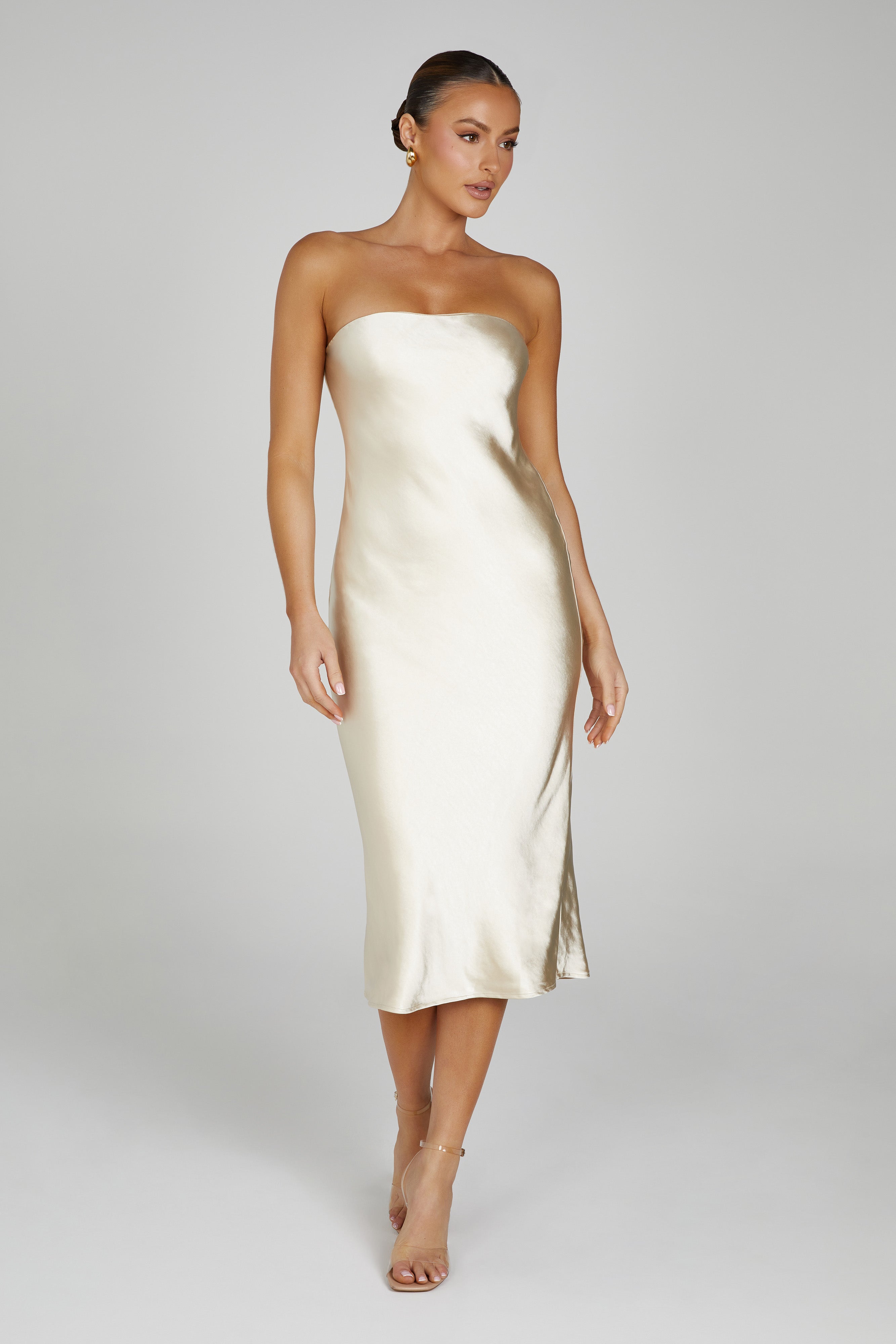 Tyler Strapless Satin Midi Dress - Gold