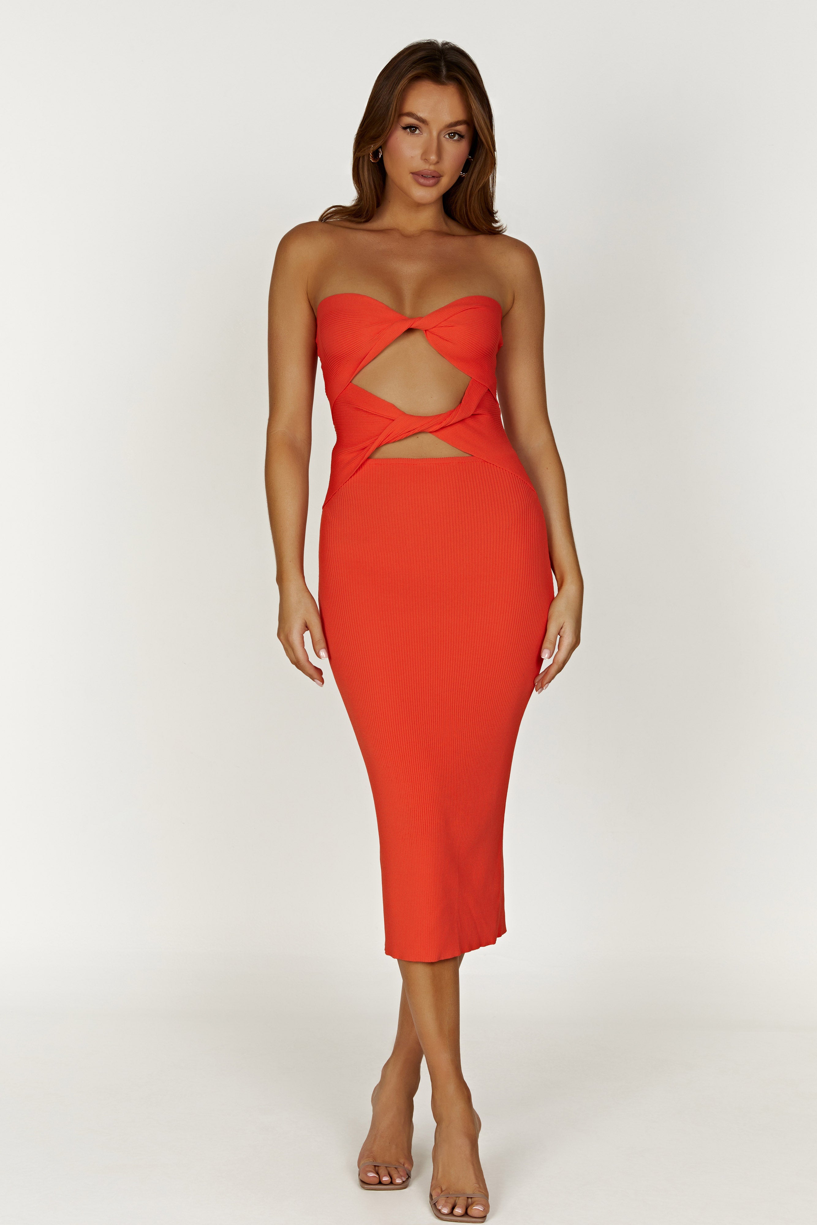 Gabrielle Twist Knit Midi Dress - Coral