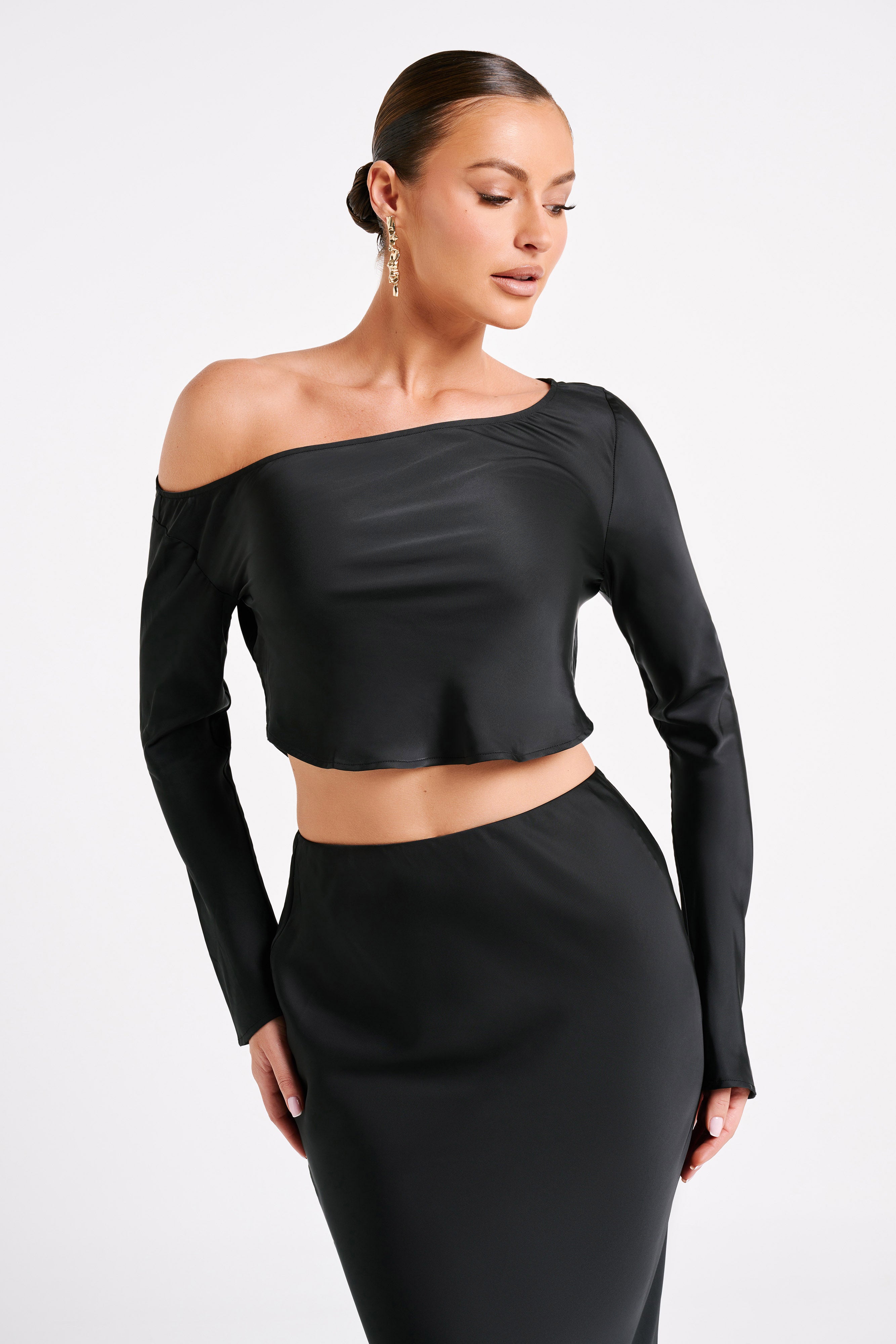 Violeta One Shoulder Satin Top - Black