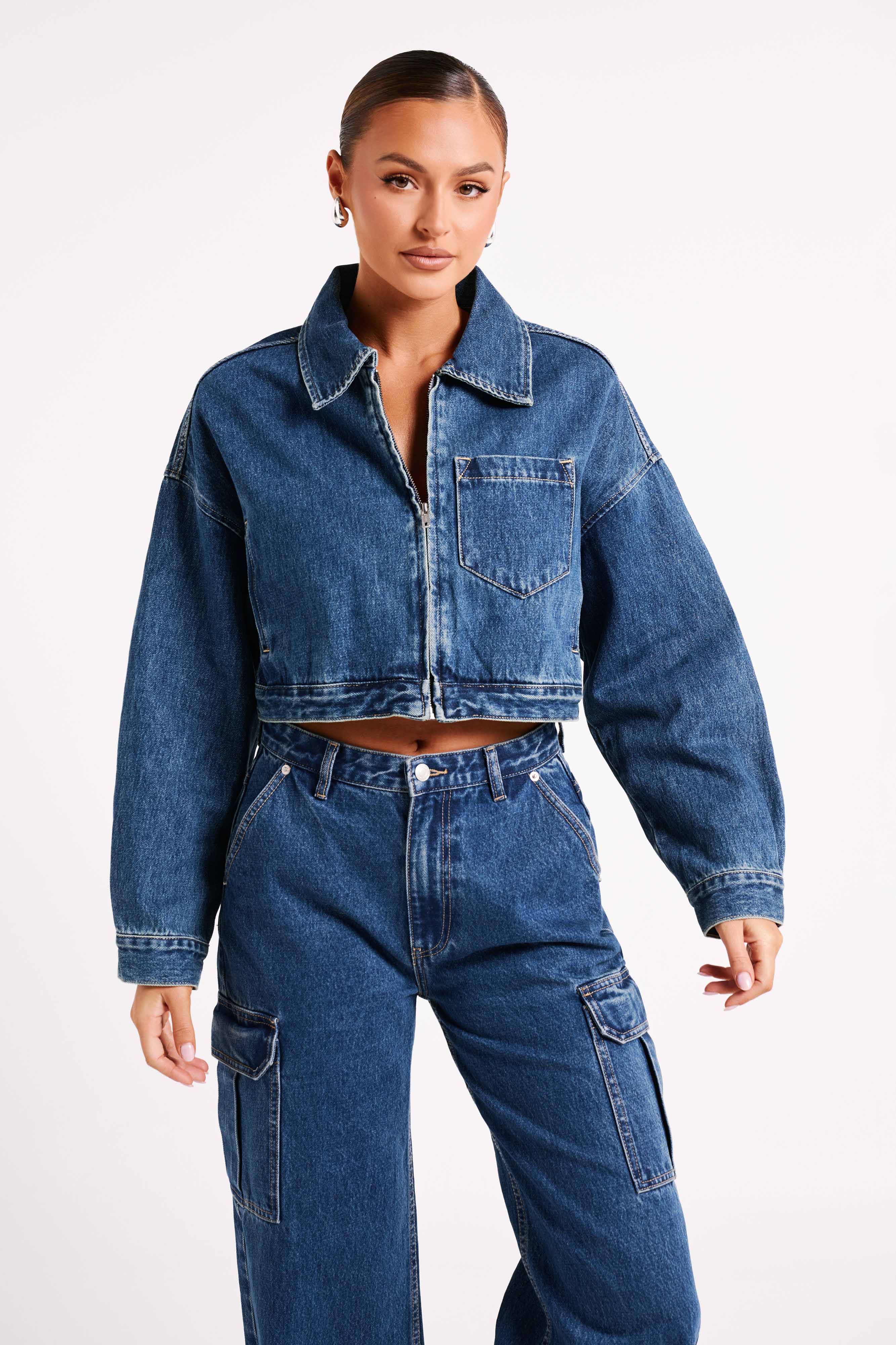 Kyle Cropped Denim Jacket - Dark Blue