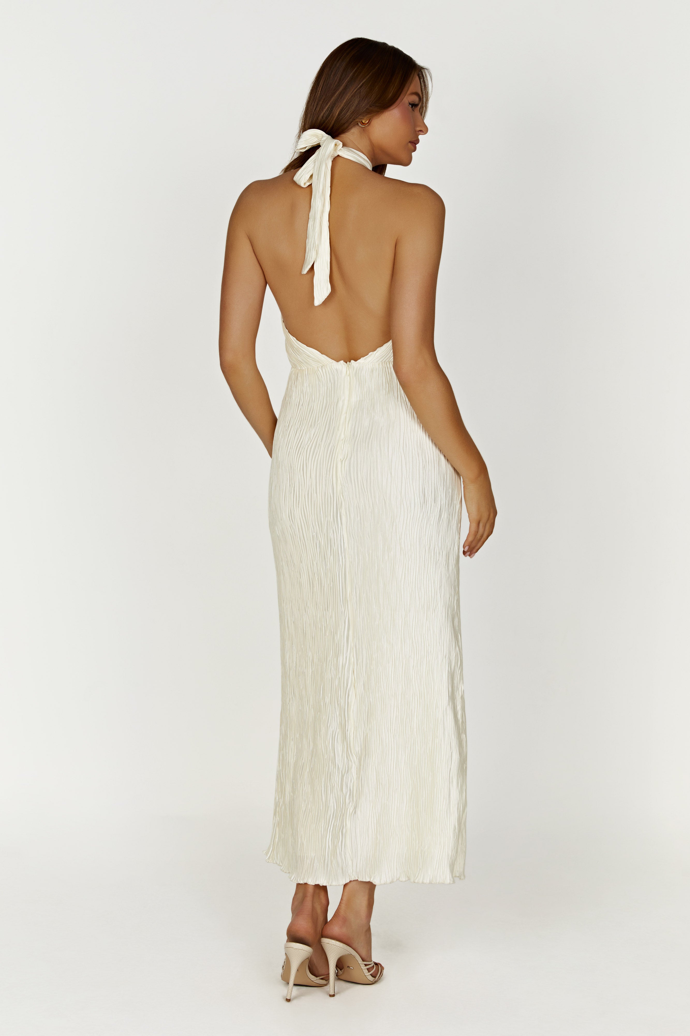 Demetria Plisse Halter Maxi Dress - Ivory