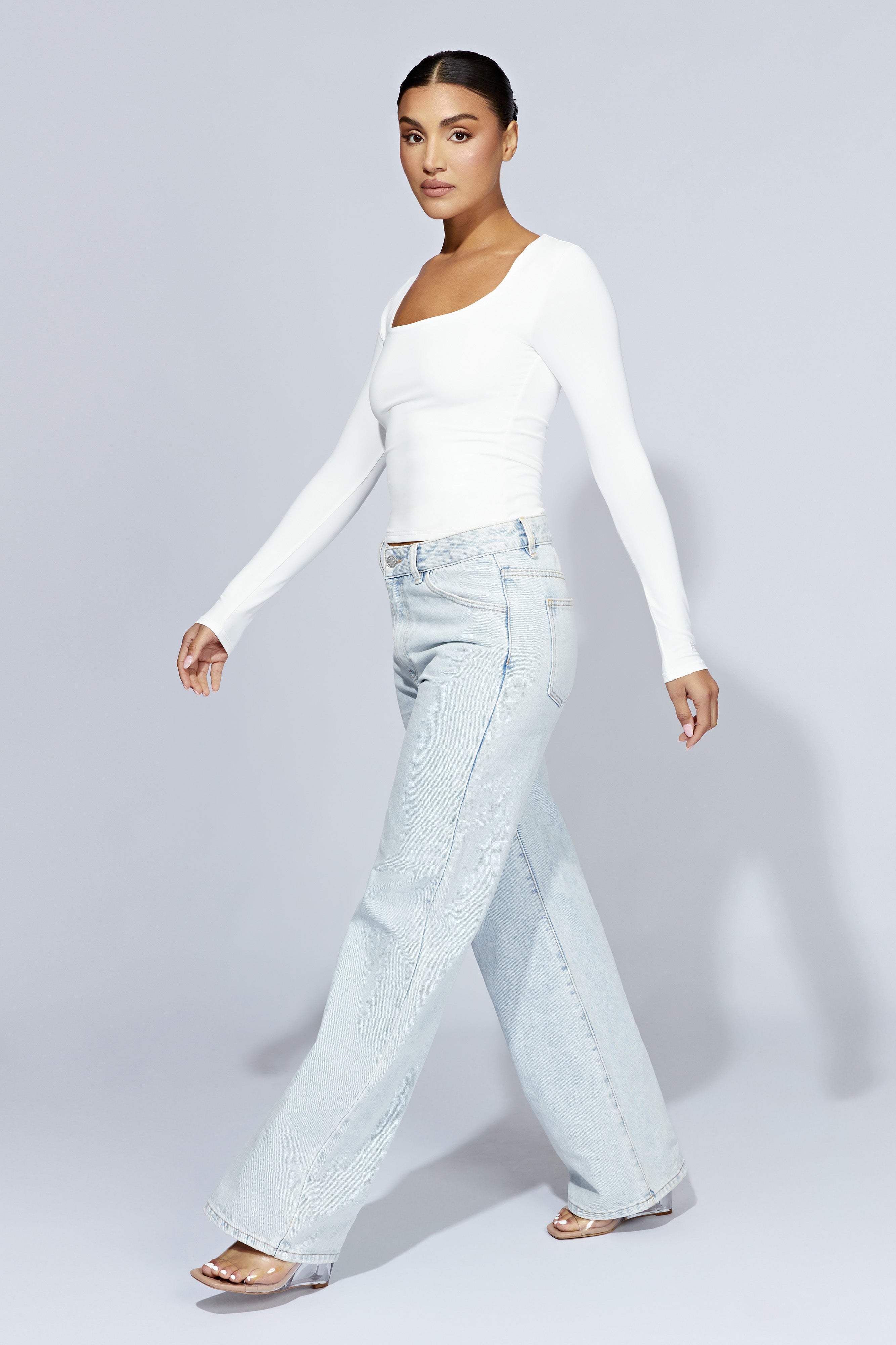 Heather Scooped Long Sleeve Top - White