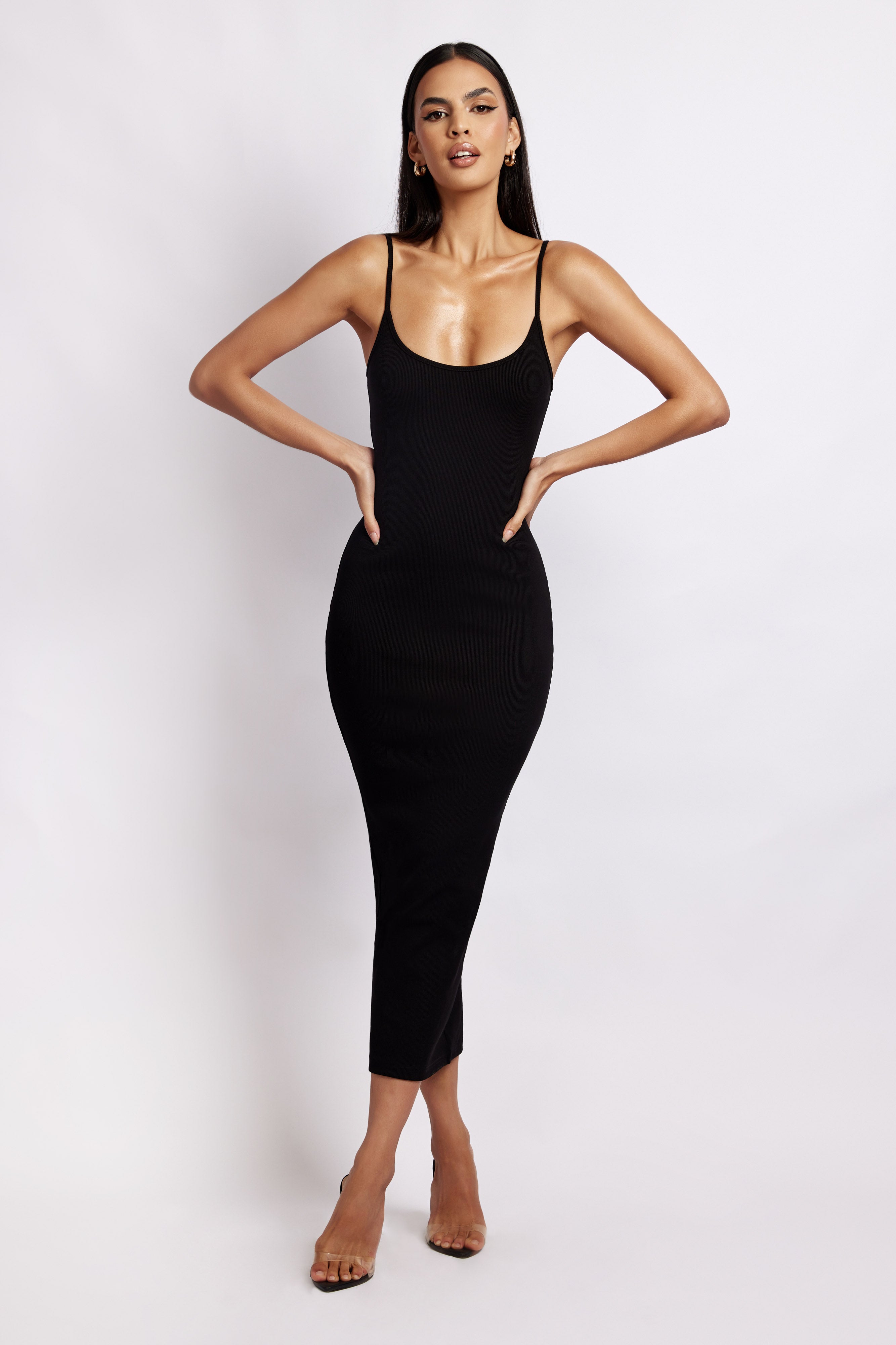 Alexis Ribbed Cami Midi Dress - Black