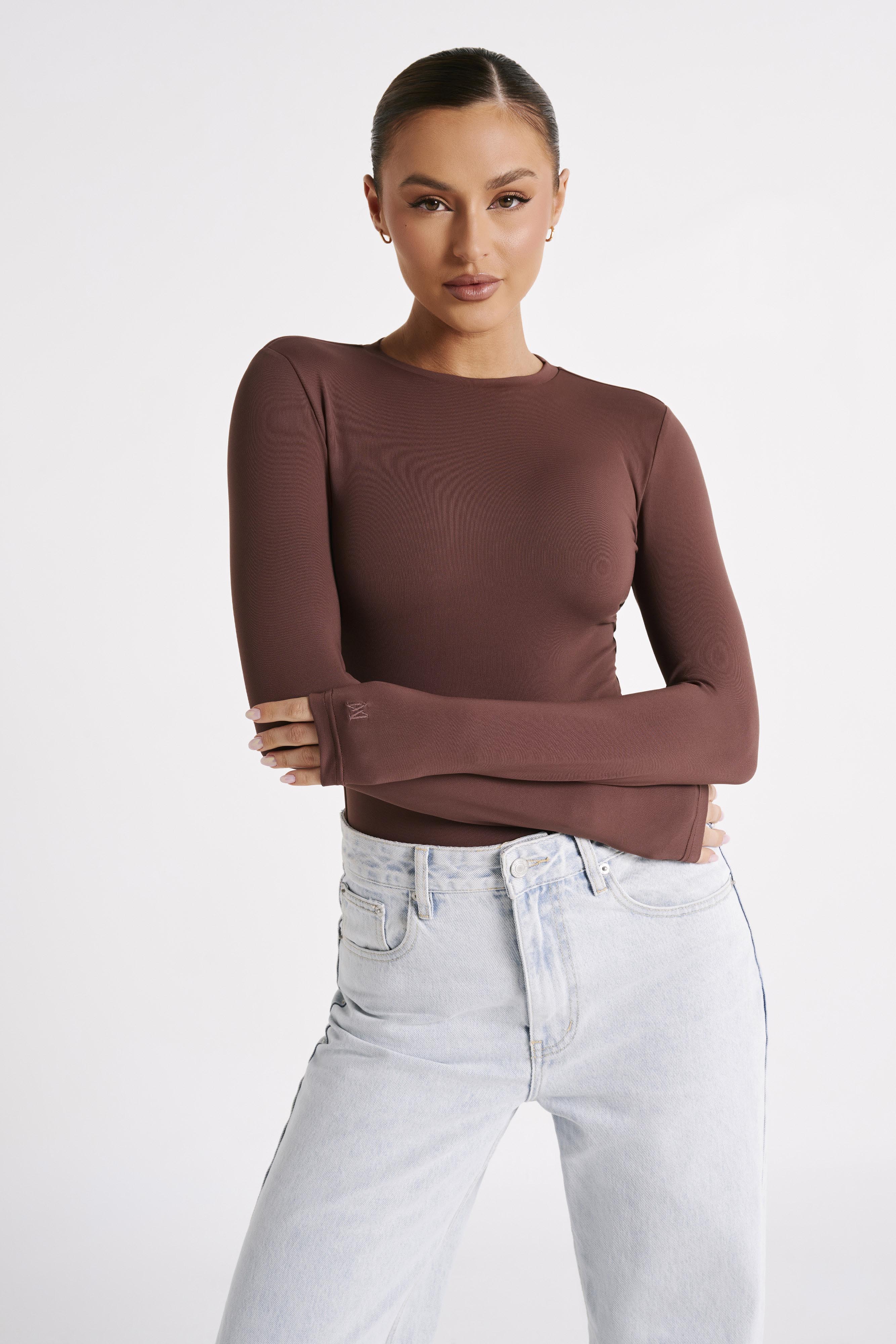 Delilah Recycled Nylon Long Sleeve Crew Neck Bodysuit - Mocha