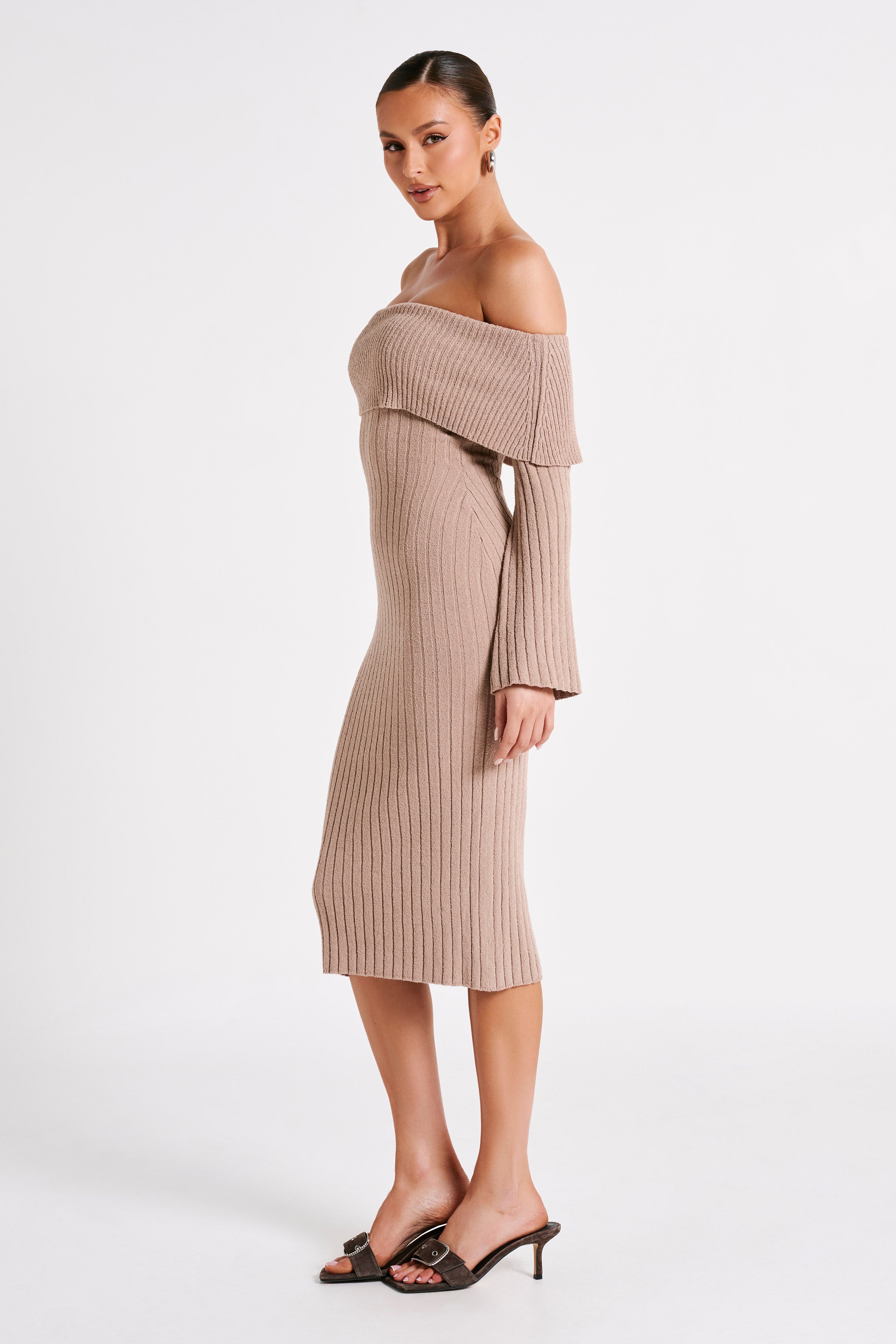 Stefania Off Shoulder Knit Dress - Taupe