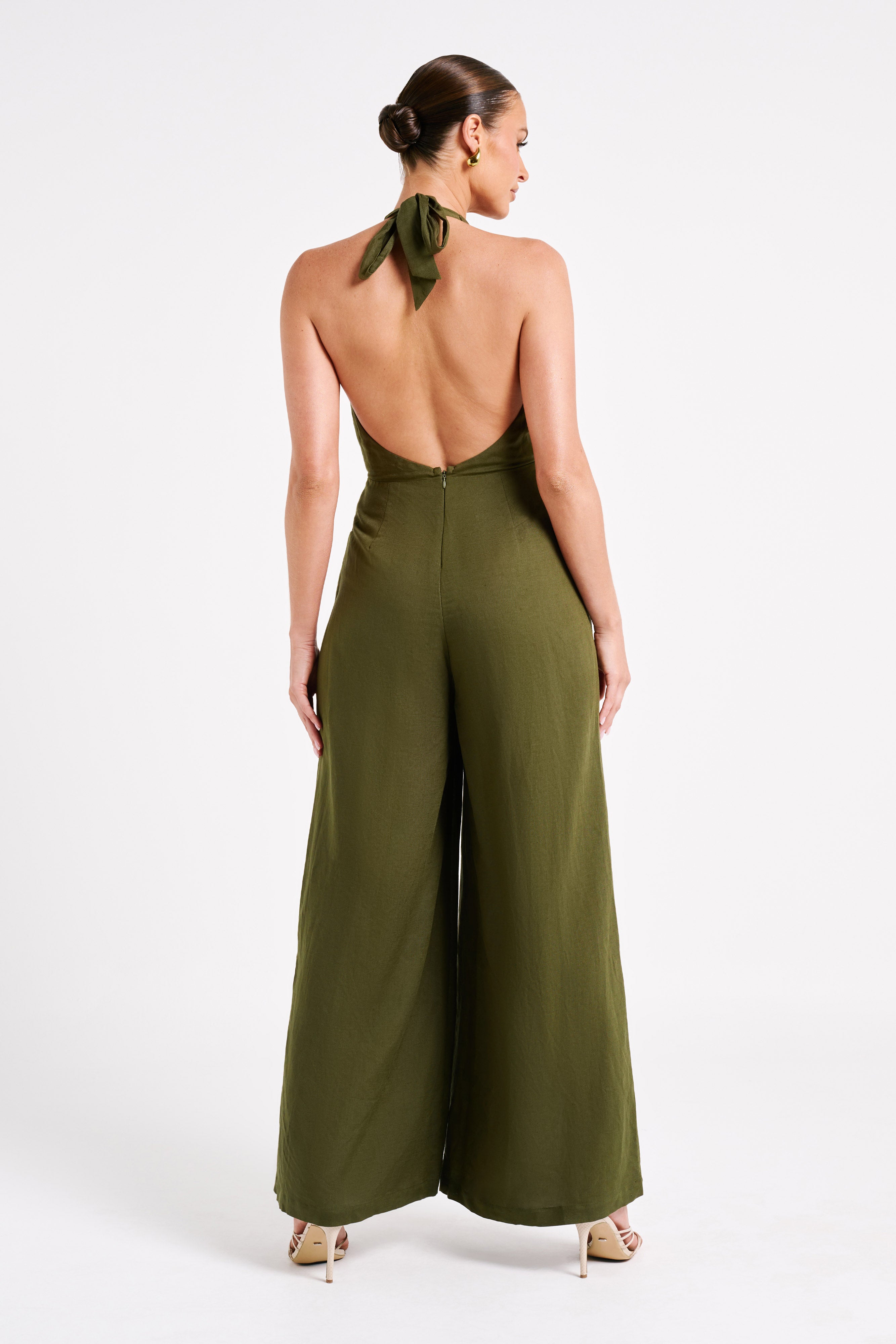Blanca Linen Halter Jumpsuit - Khaki