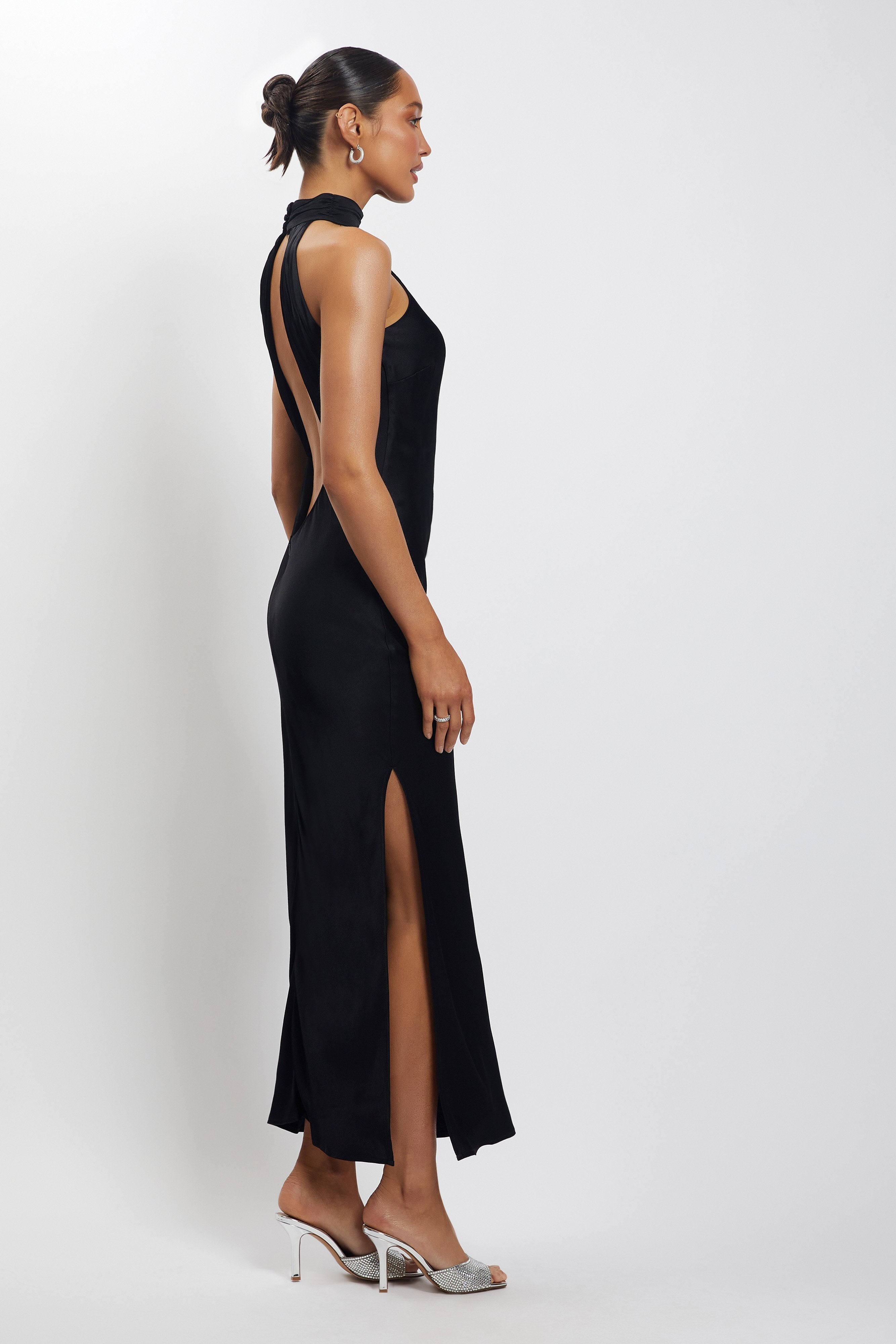 Claire Satin Drape Back Maxi Dress with Split - Black