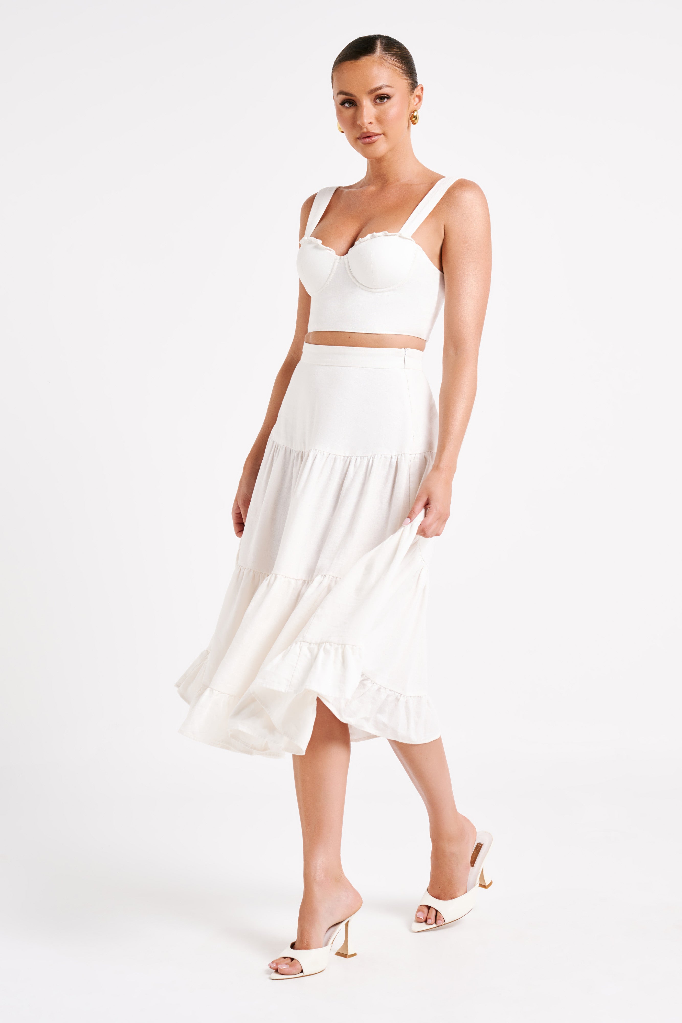 Hilaria Tiered Linen Midi Skirt - White