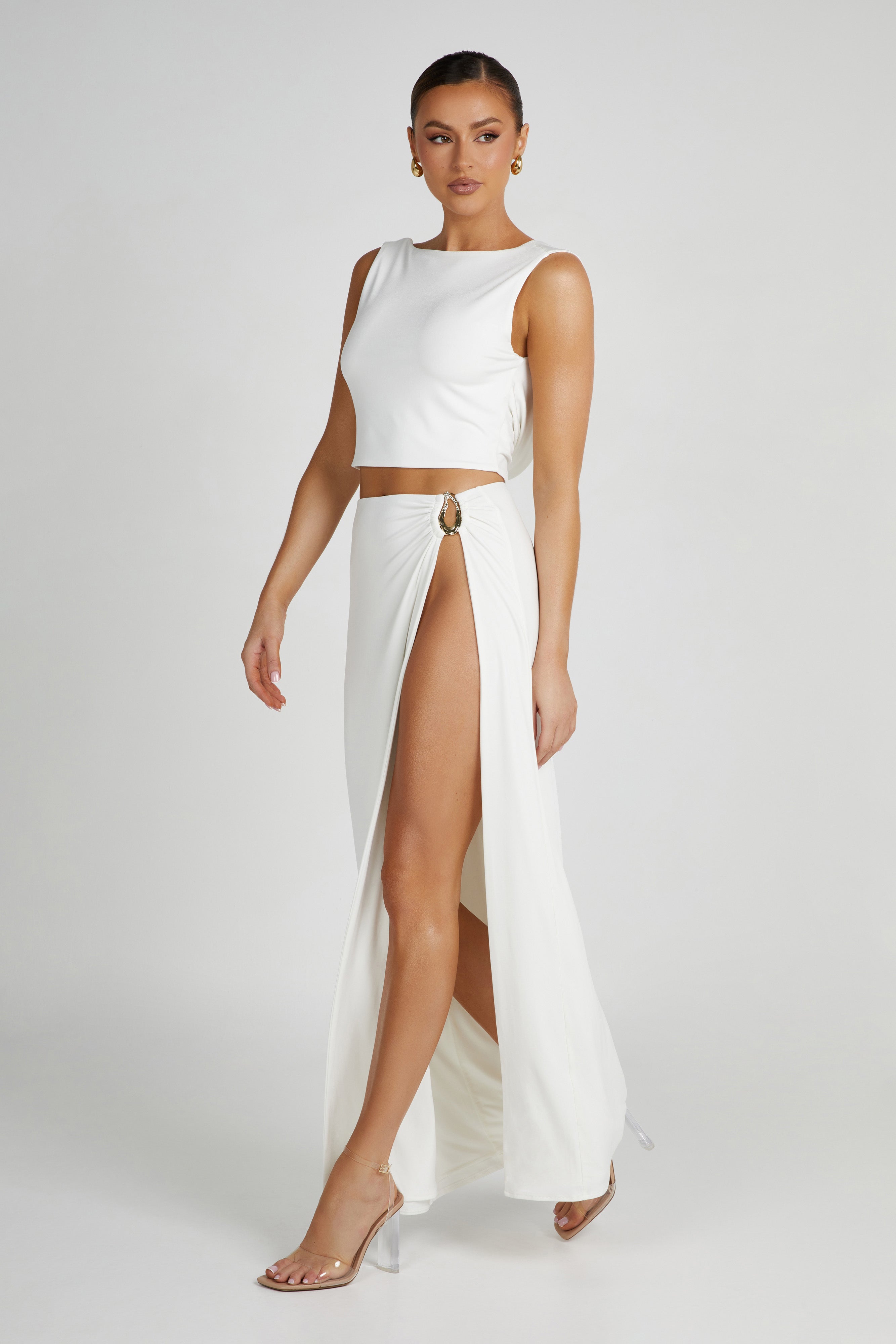 Suri Slinky Maxi Skirt With Hardware - White