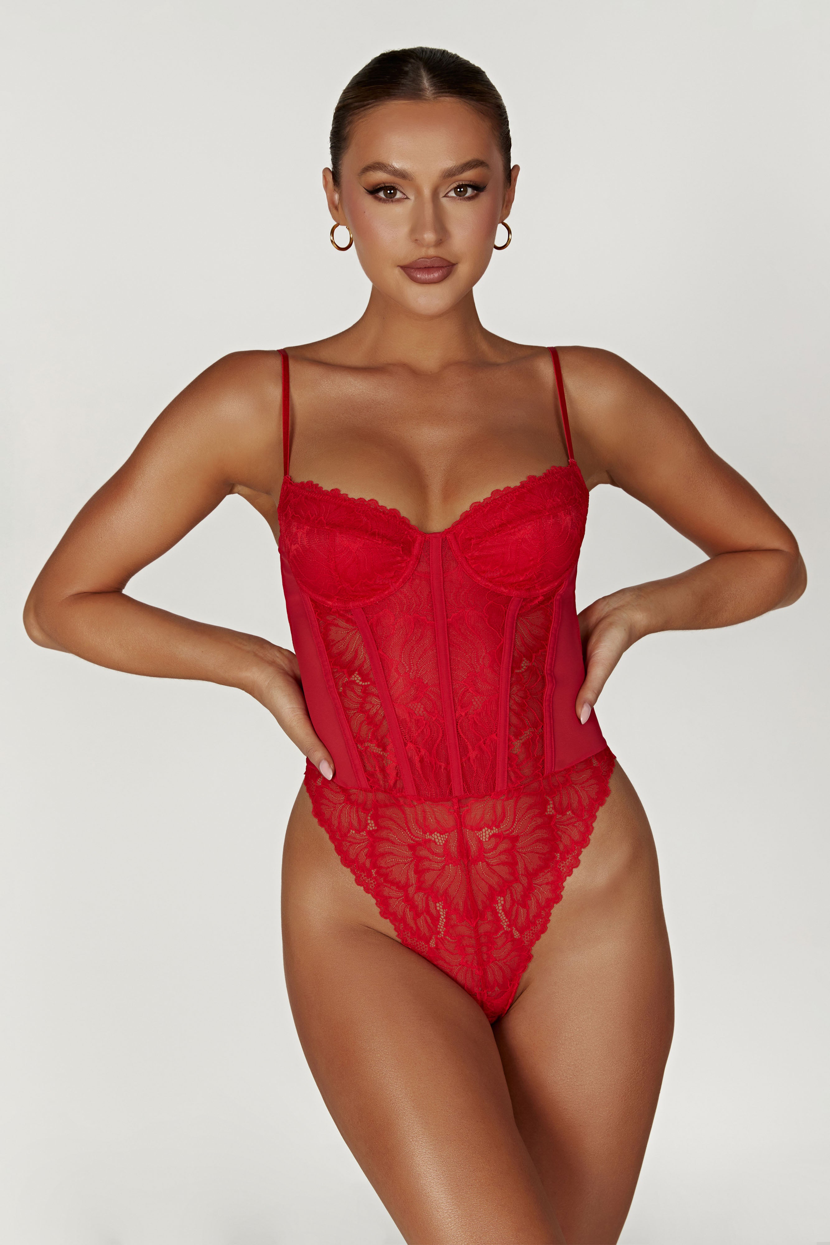 Daisy Lace Mesh Bodysuit - Red