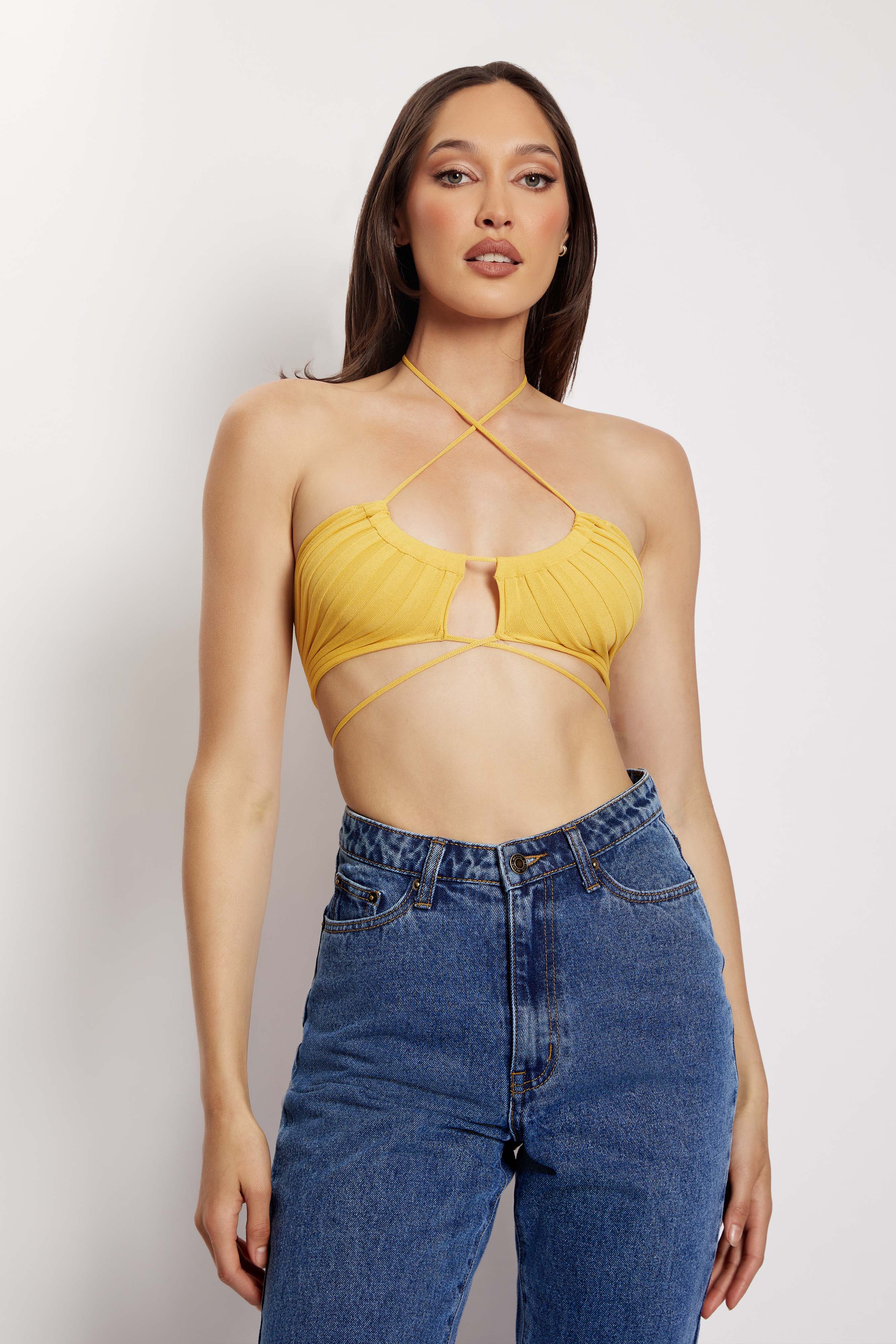 Stacey Ruched Knit Halter Top - Yellow