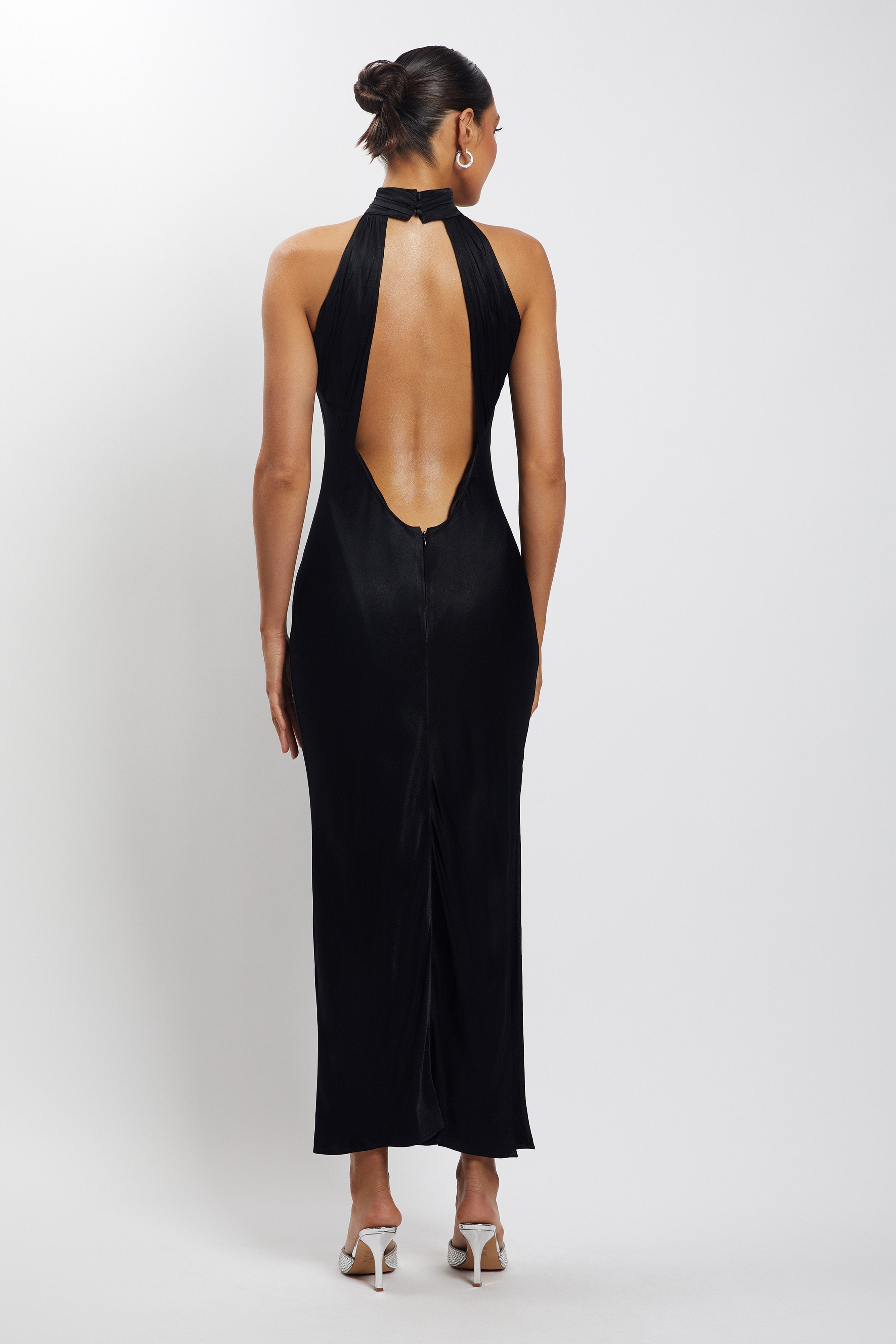 Claire Satin Drape Back Maxi Dress with Split - Black