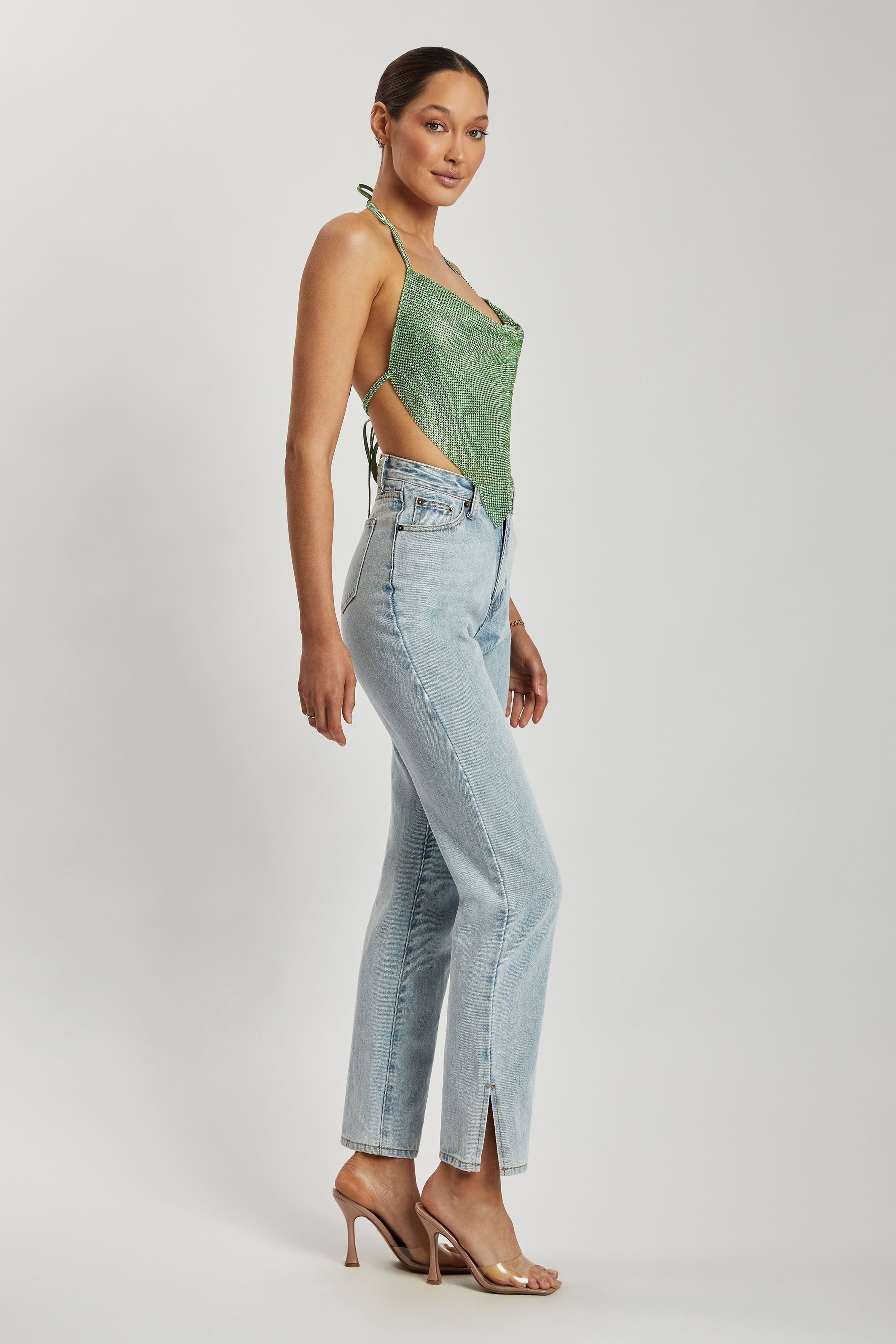 Daphne Diamante Cowl Neck Halter Top - Green