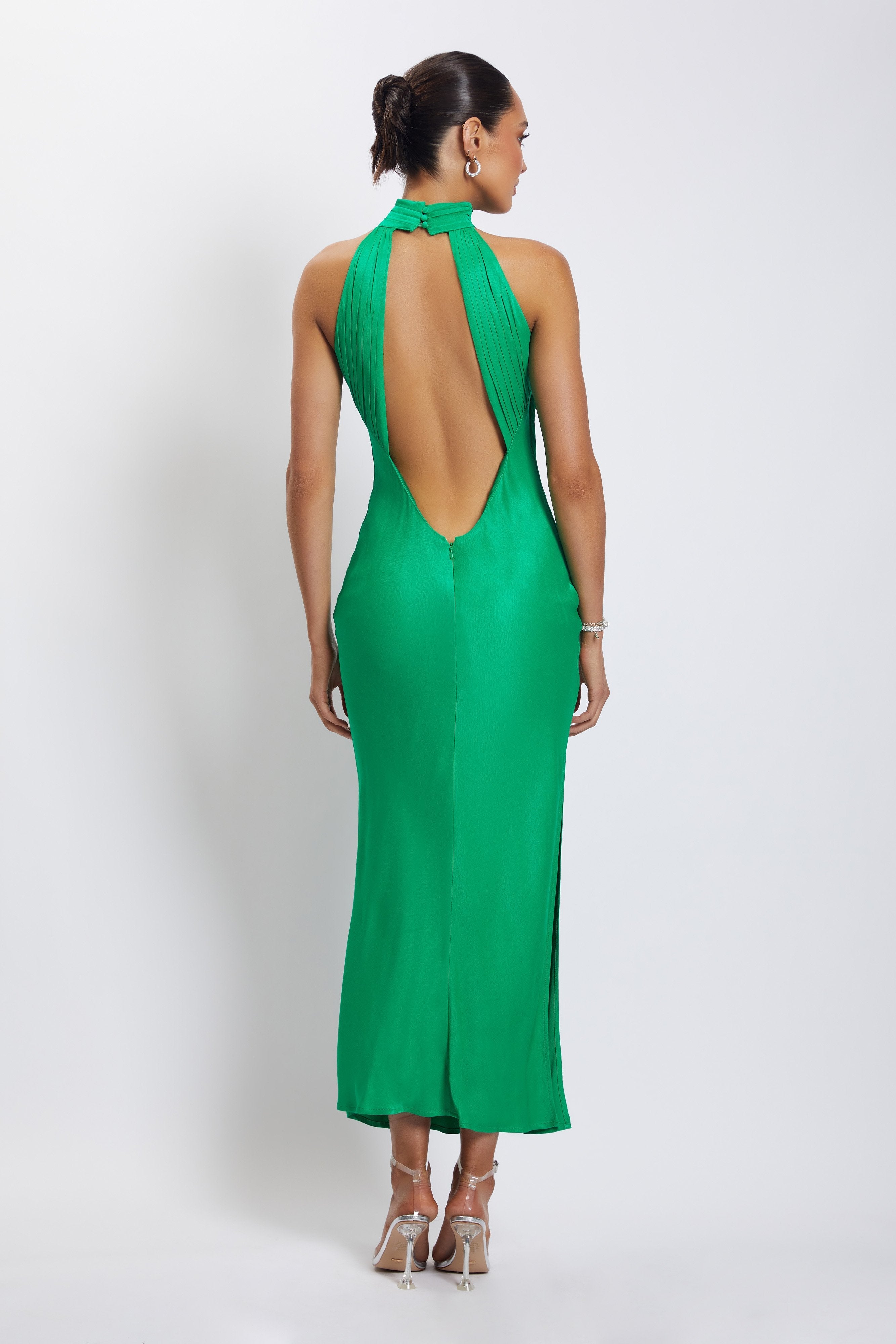 Claire Satin Drape Back Maxi Dress with Split - Green