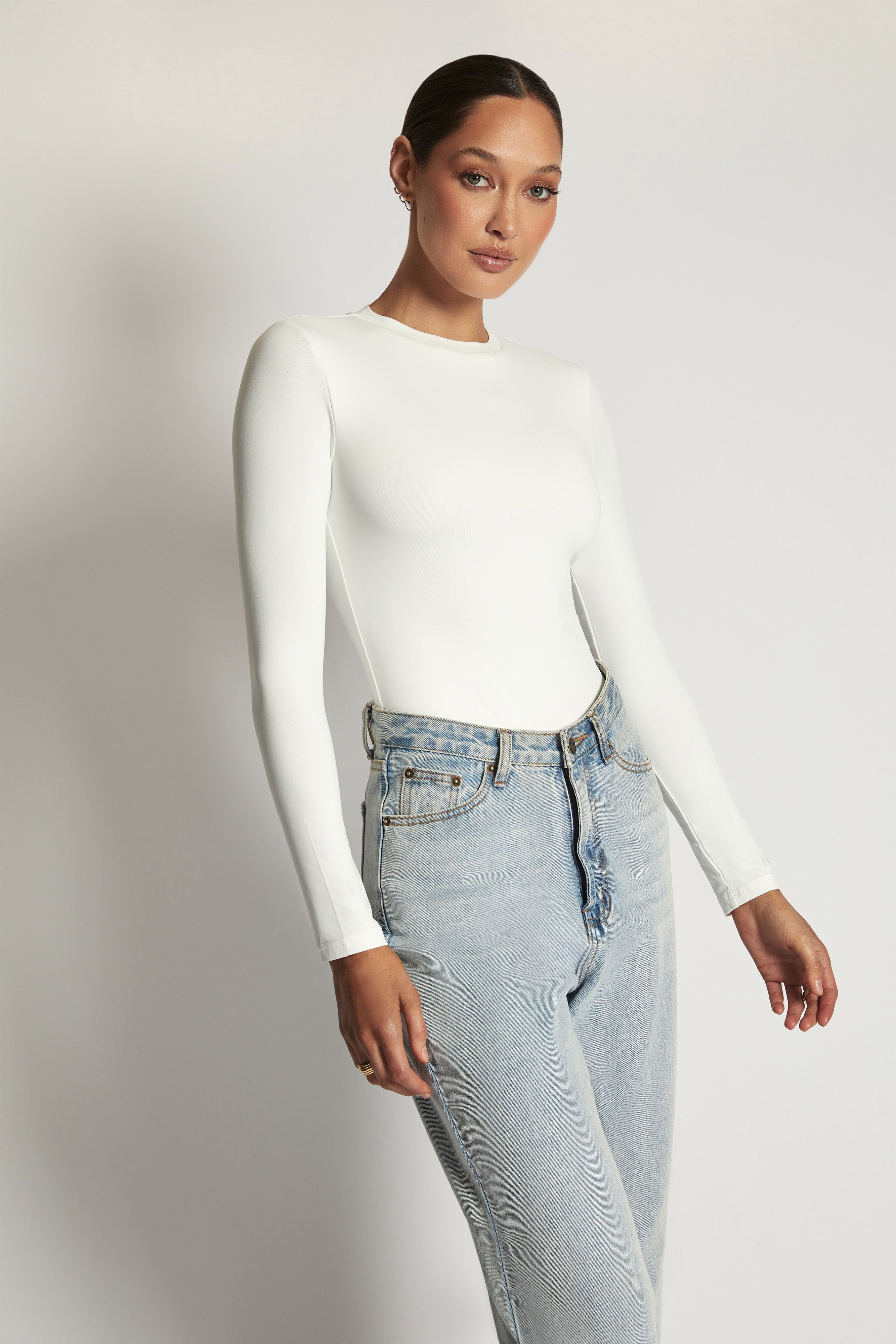 Delilah Long Sleeve Crew Neck Bodysuit - White