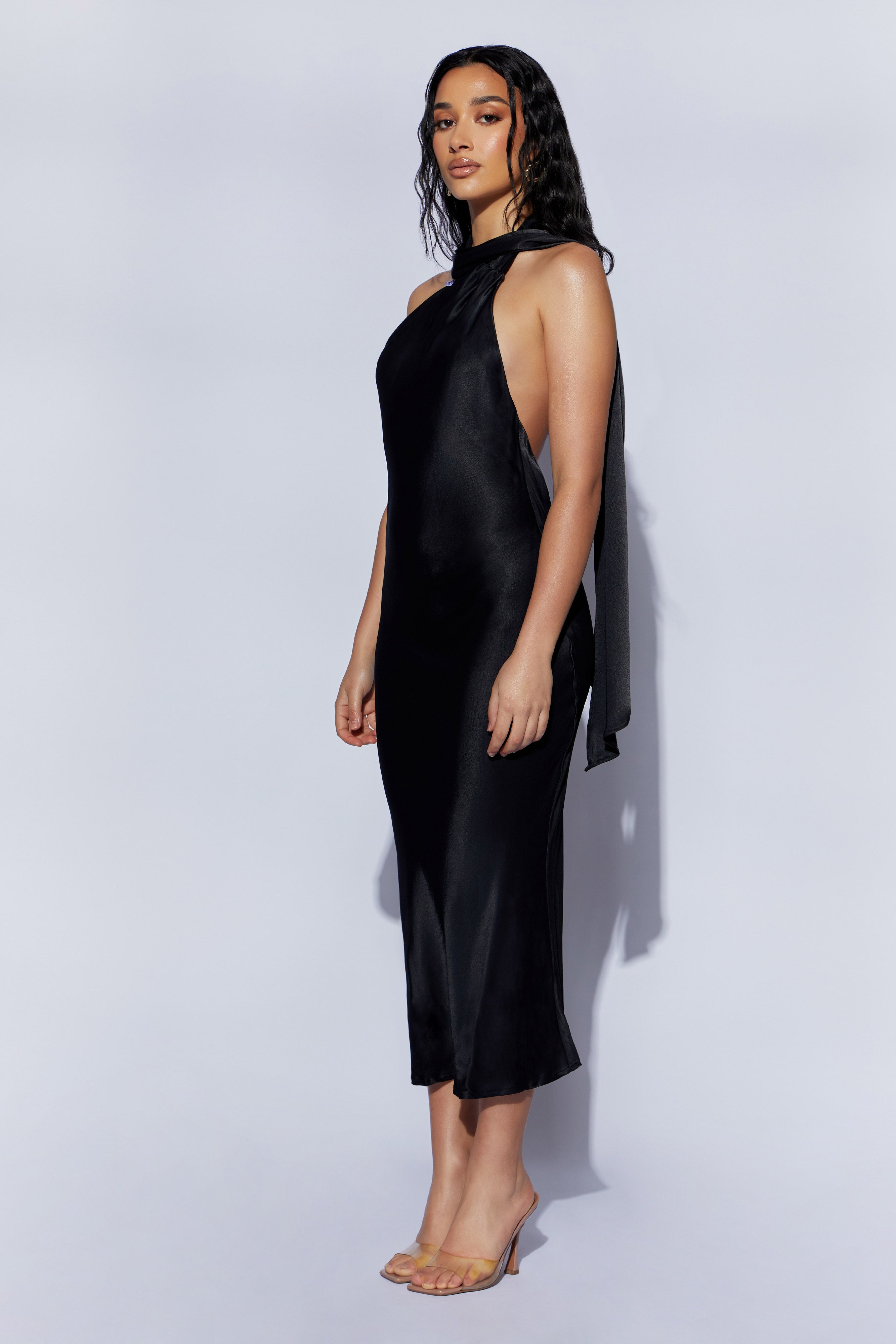 Astrella Neck Wrap Midi A-Line Dress - Black