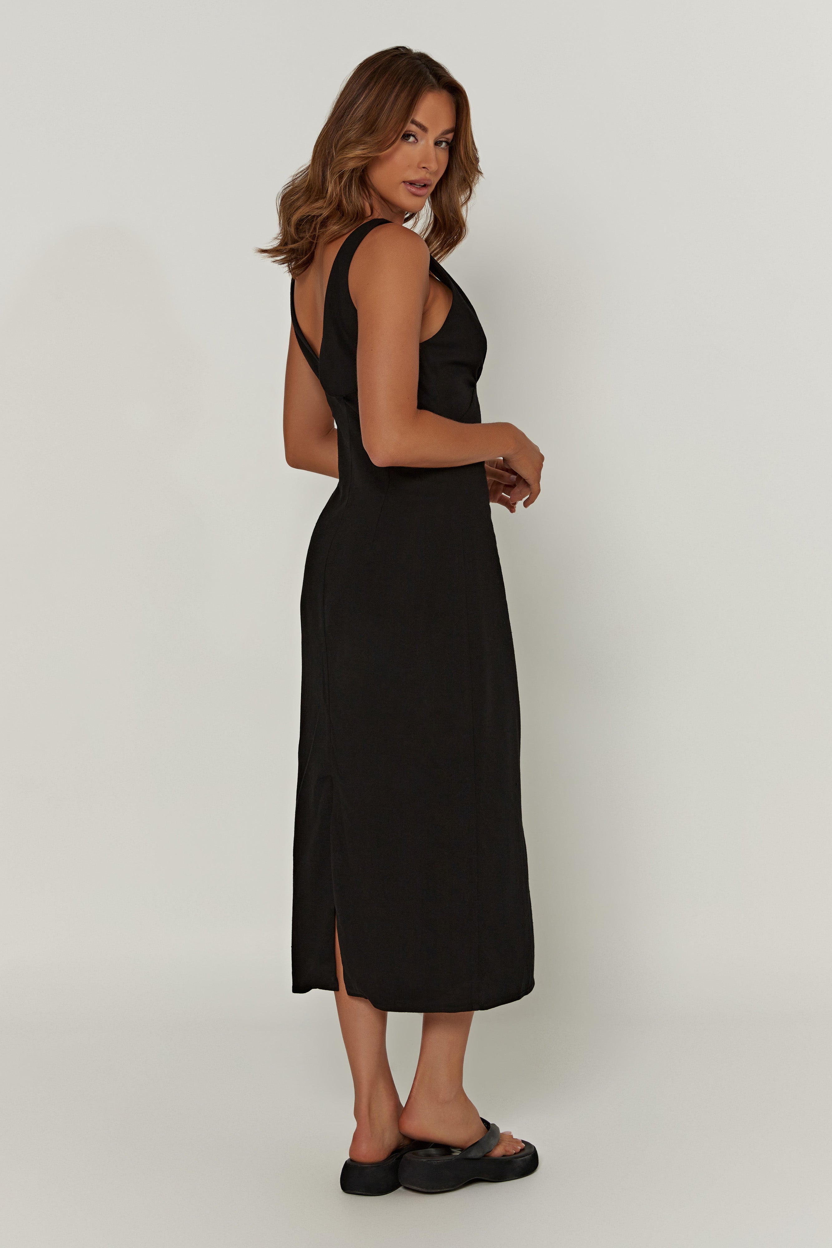 Elspeth Linen Midi Dress - Black