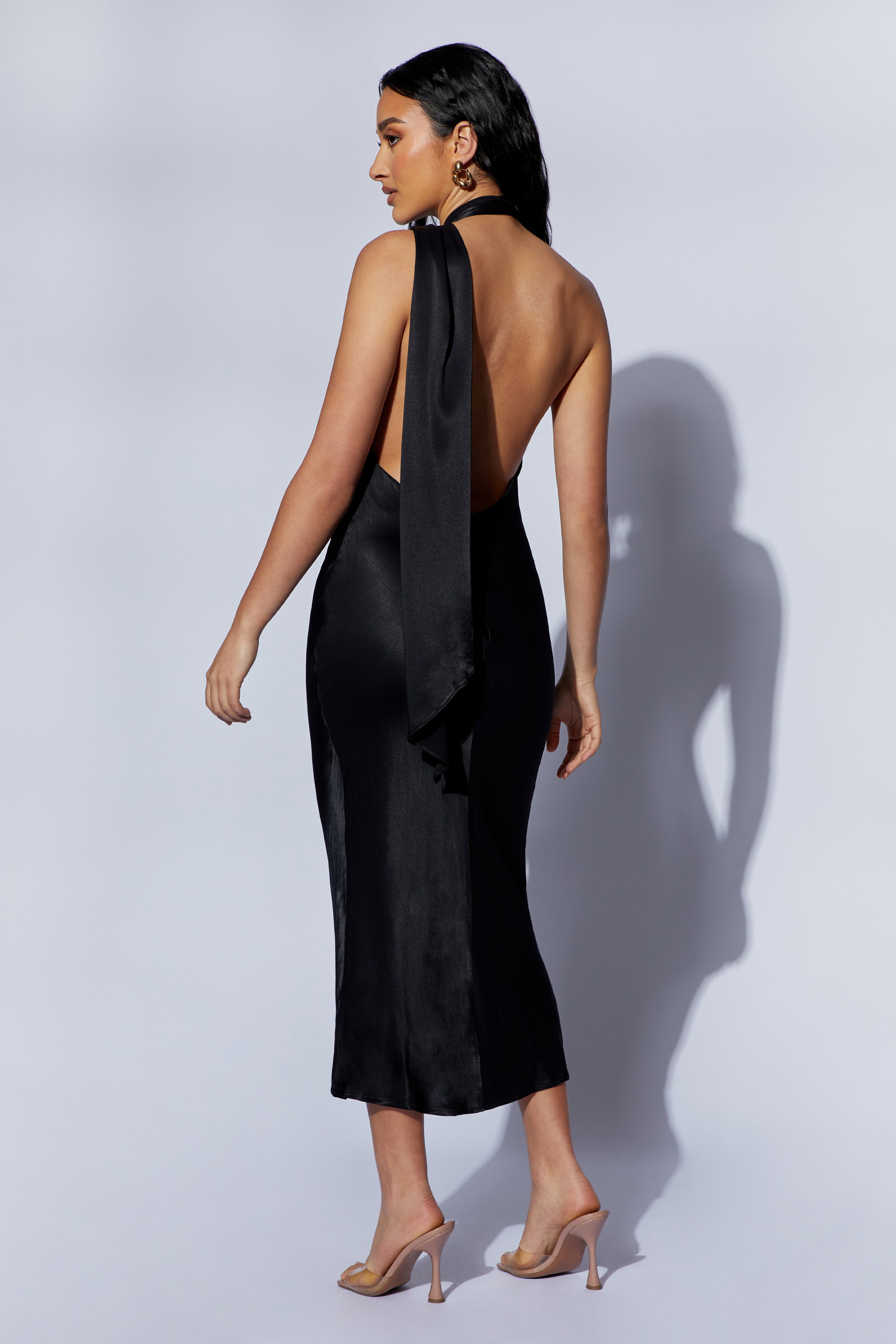 Astrella Neck Wrap Midi A-Line Dress - Black