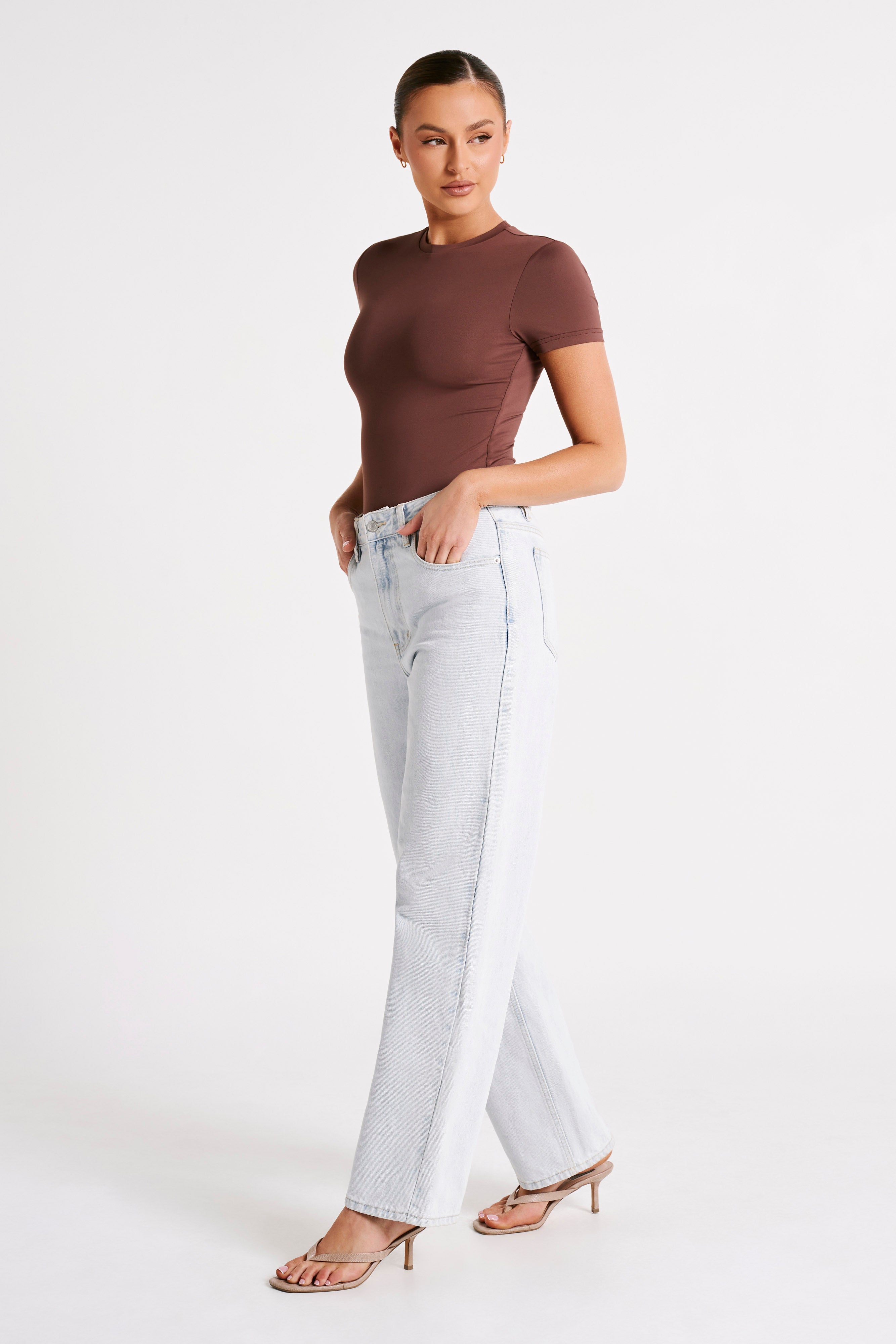 Francesca Recycled Nylon Crew Neck Short Sleeve Bodysuit - Mocha