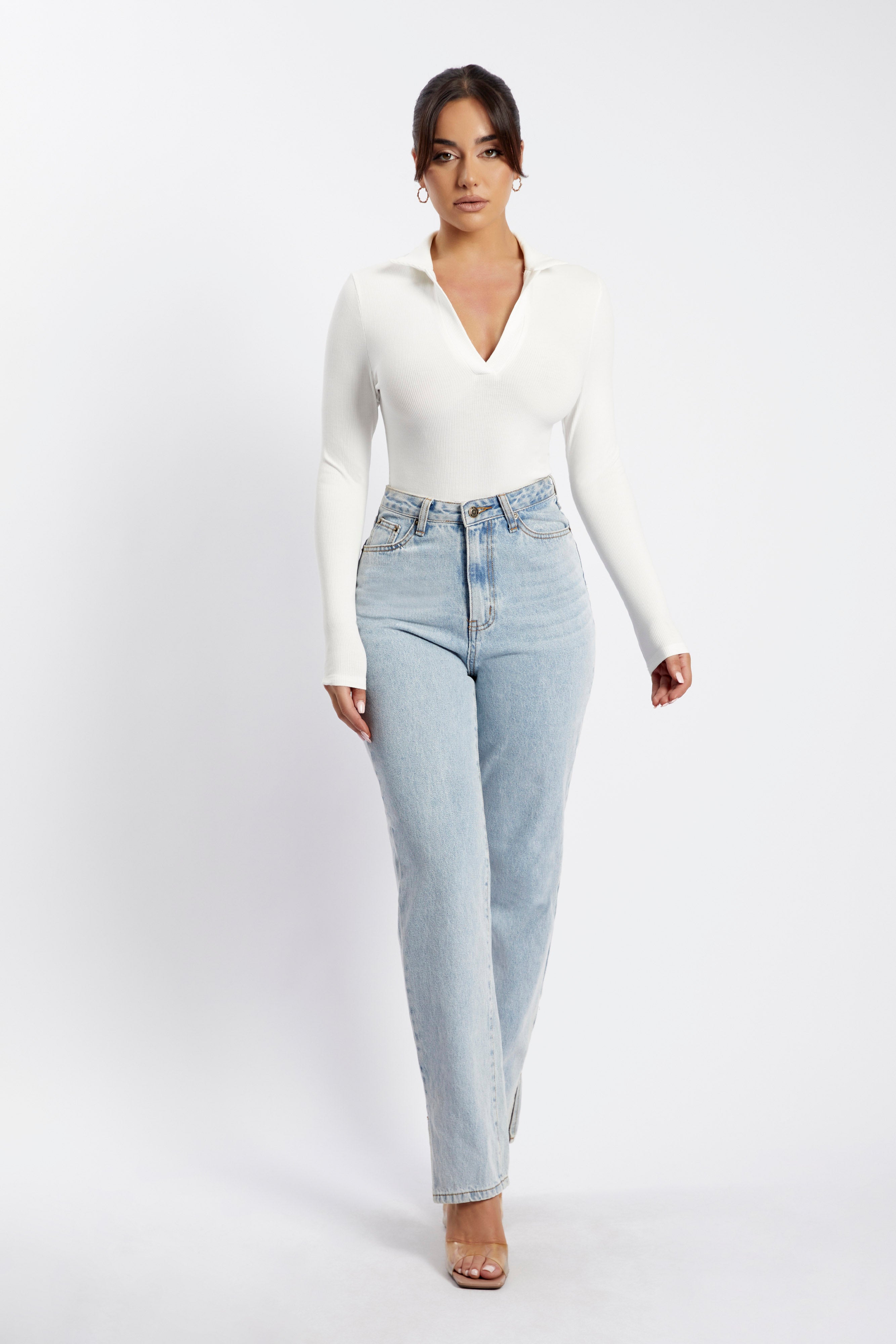 Belle Long Sleeve Collar Bodysuit - White