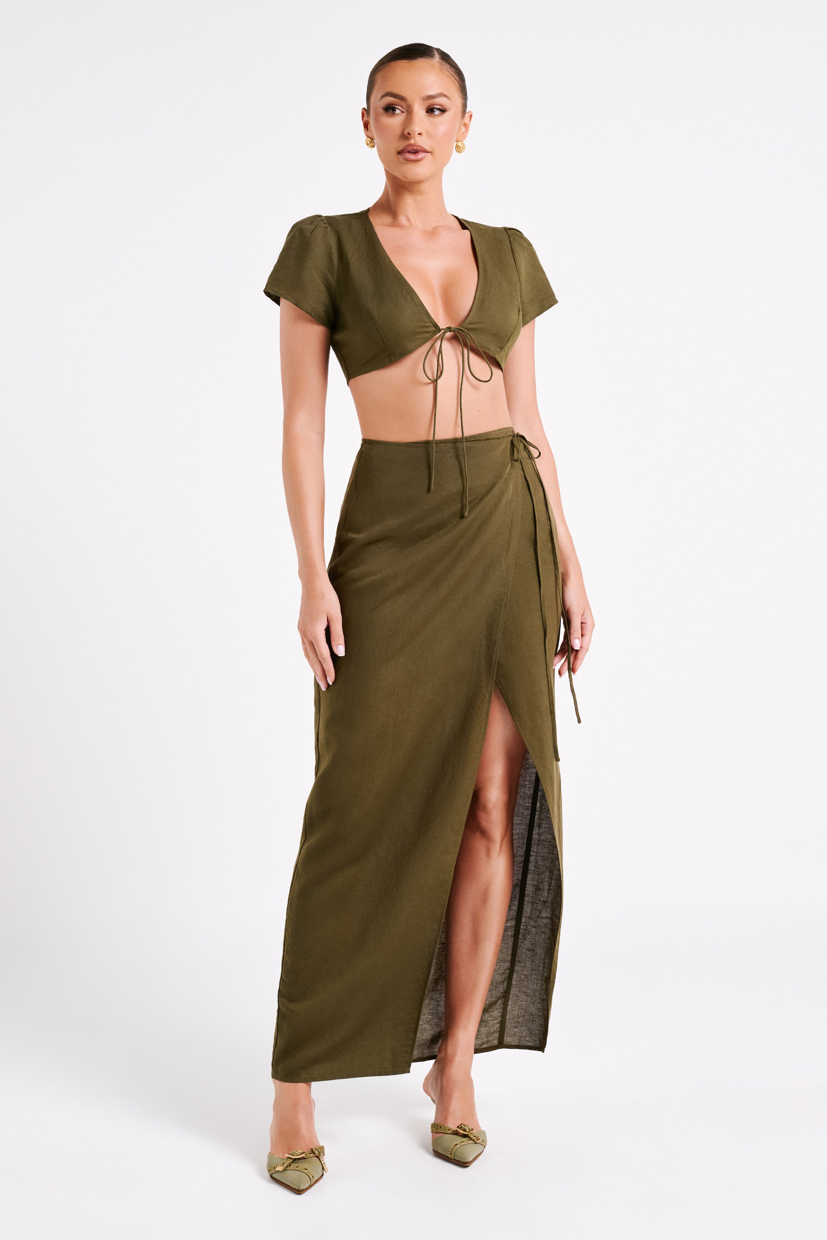 Fatima Linen Wrap Maxi Skirt - Khaki