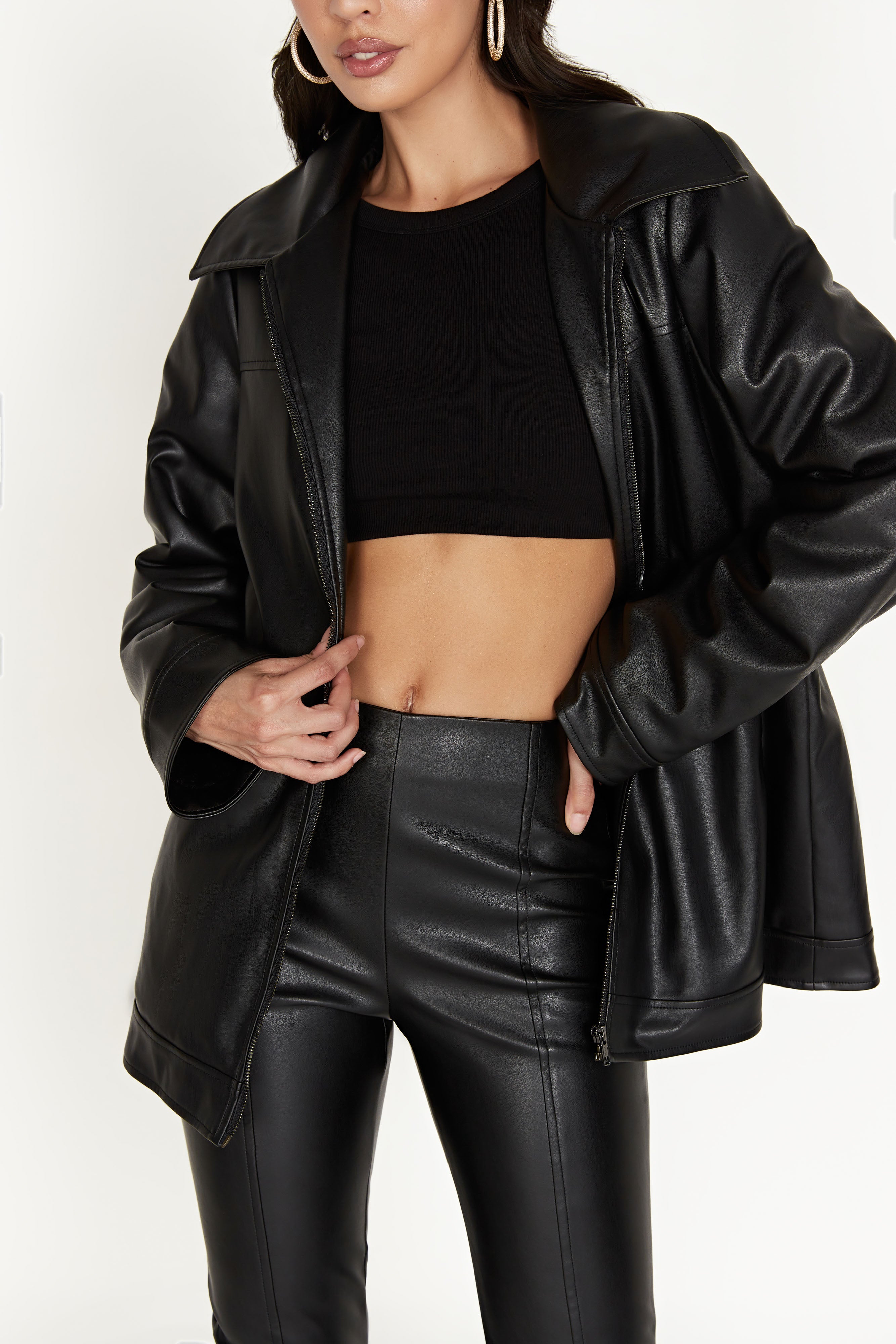 Savannah Faux Leather Aviator Jacket - Black