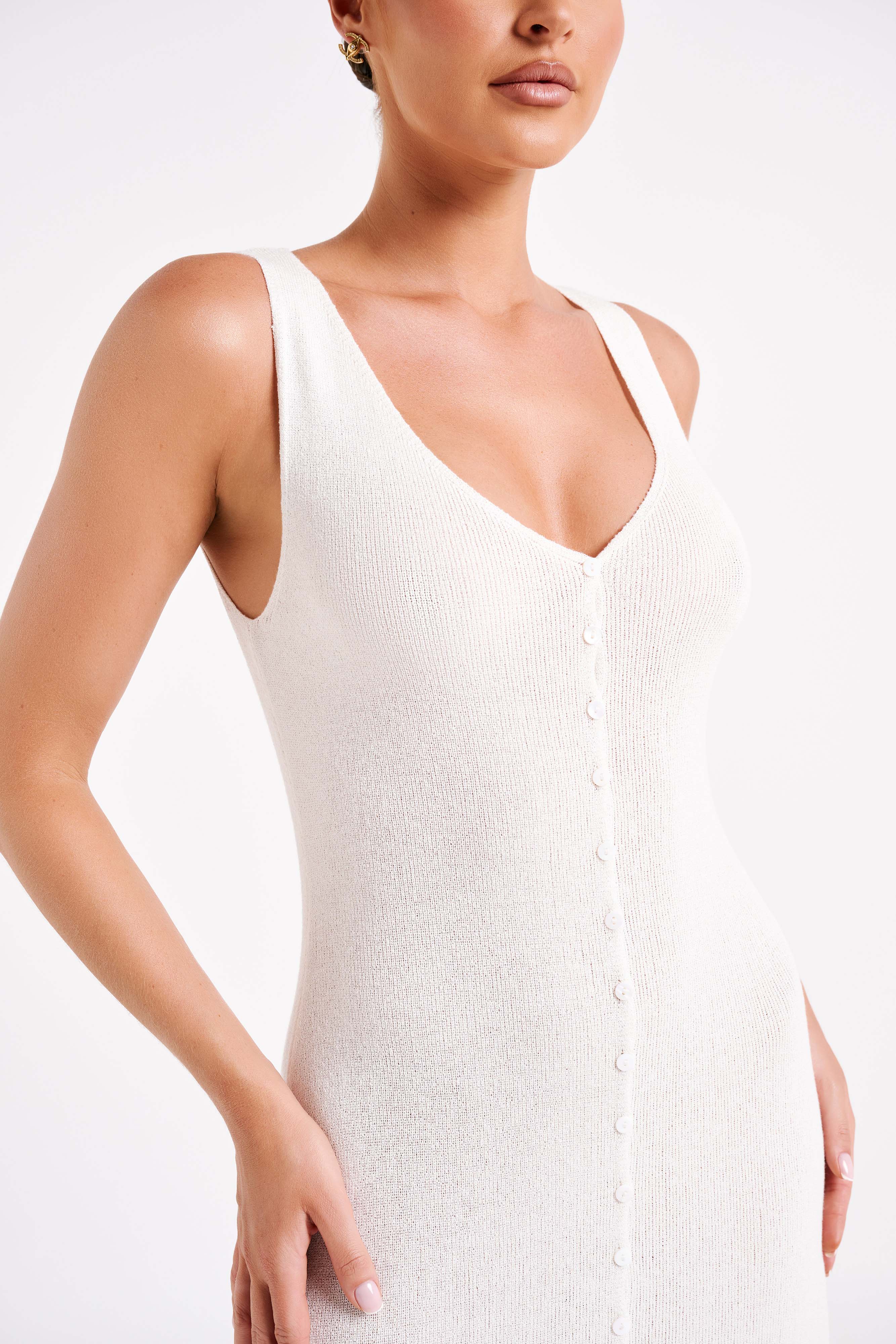 Antonia Buttoned Knit Maxi Dress - White