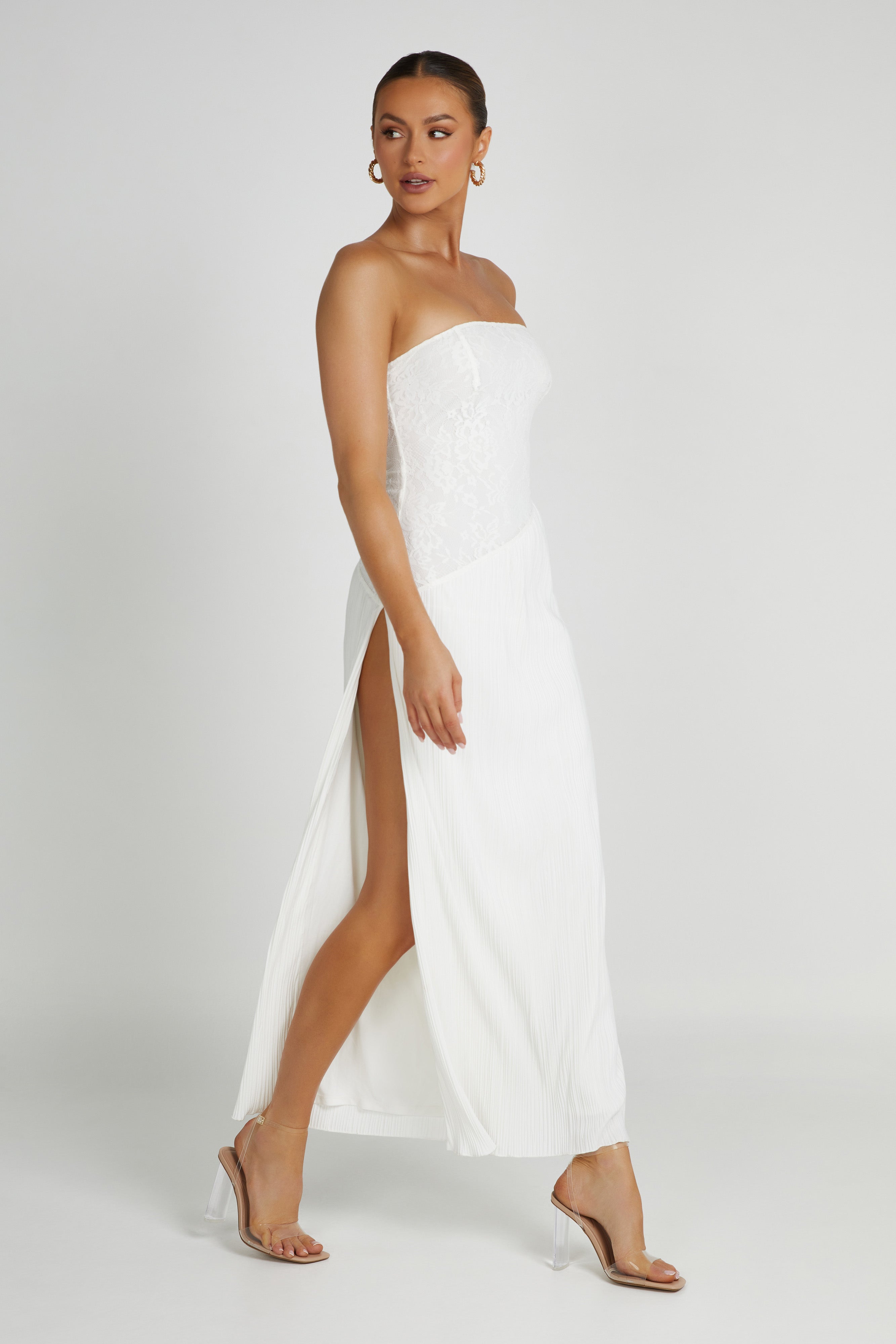 Skye Lace Plisse Strapless Midi Dress - White