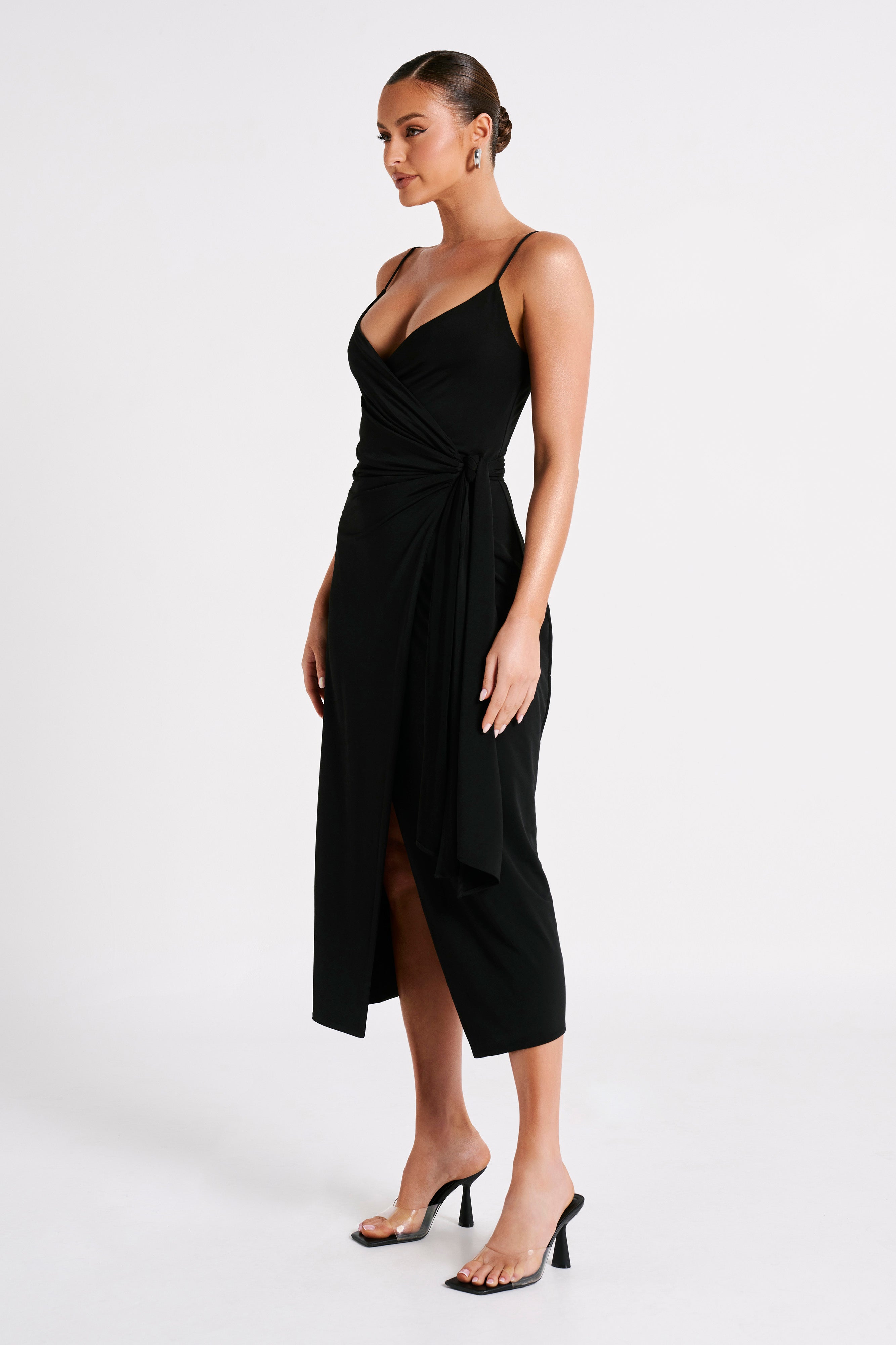 Caroline Draped Wrap Midi Dress - Black