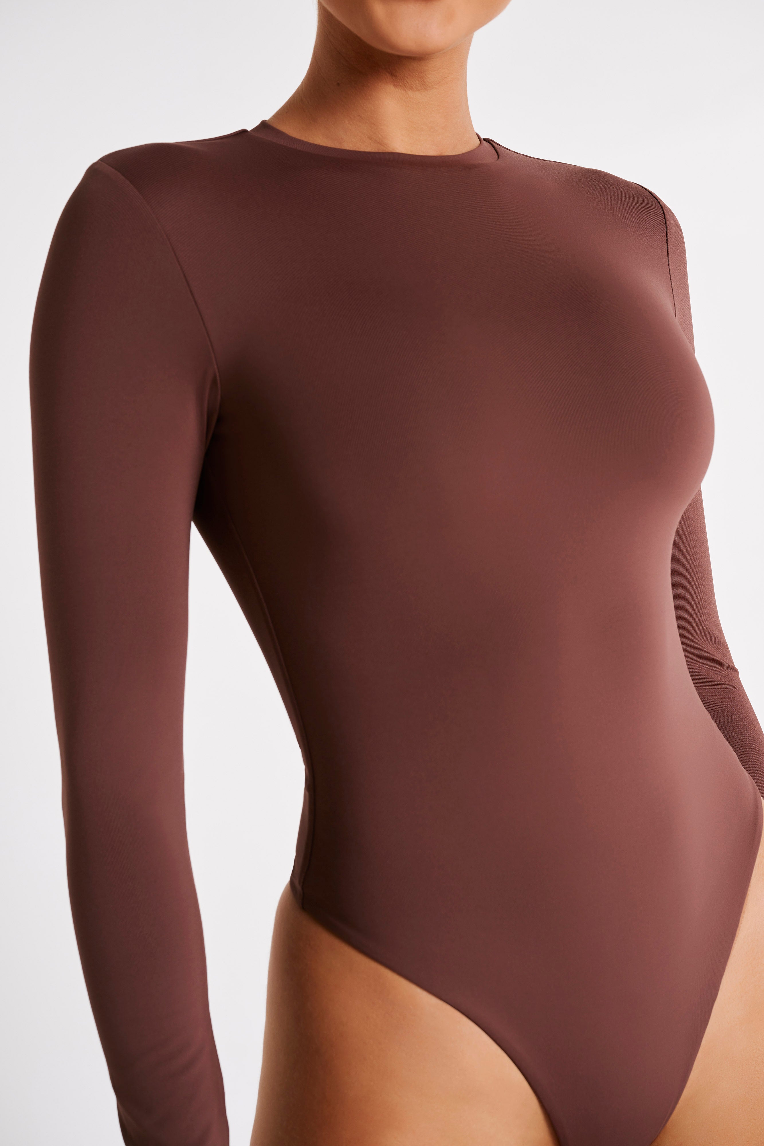 Delilah Recycled Nylon Long Sleeve Crew Neck Bodysuit - Mocha